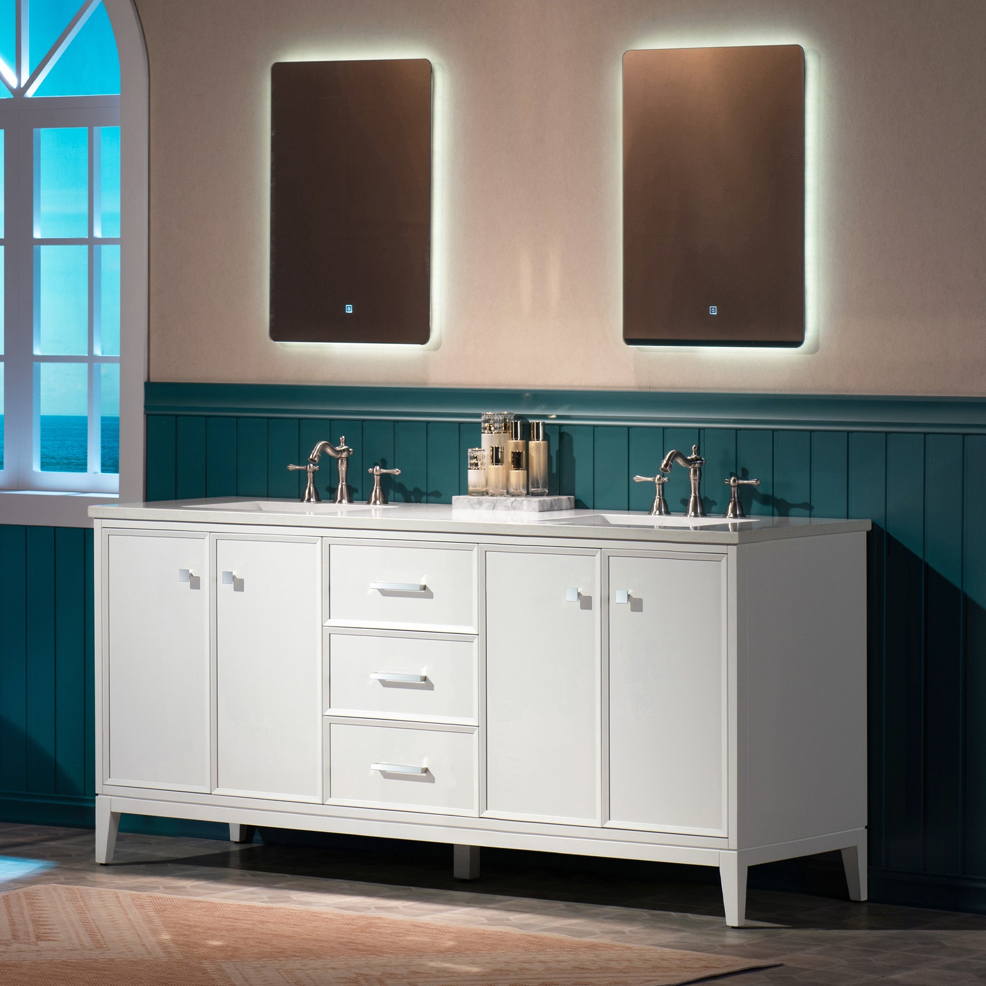 WOODBRIDGE 73" White Bathroom Vanity – Double Sink with Engineered Stone Top, Pre-drilled for 8 in. widespread faucets, Solid Wood Frame & Drawers, Fully Assembled and Ready for Installation