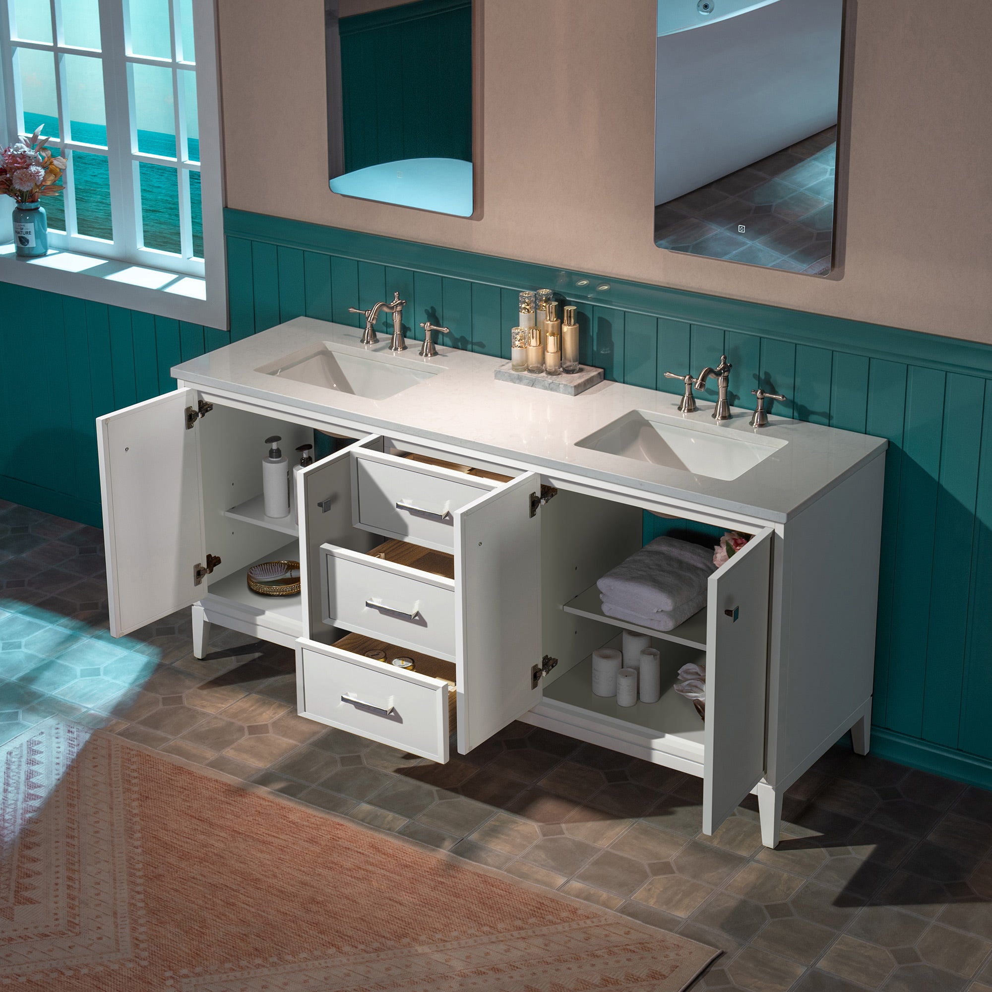 WOODBRIDGE 73" White Bathroom Vanity – Double Sink with Engineered Stone Top, Pre-drilled for 8 in. widespread faucets, Solid Wood Frame & Drawers, Fully Assembled and Ready for Installation