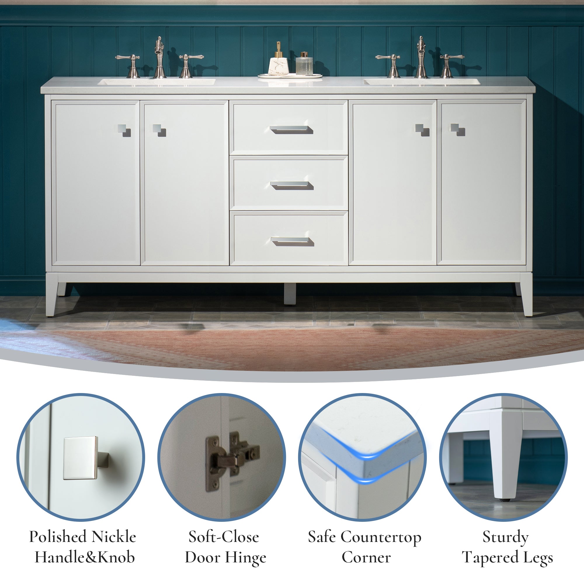 WOODBRIDGE 73" White Bathroom Vanity – Double Sink with Engineered Stone Top, Pre-drilled for 8 in. widespread faucets, Solid Wood Frame & Drawers, Fully Assembled and Ready for Installation