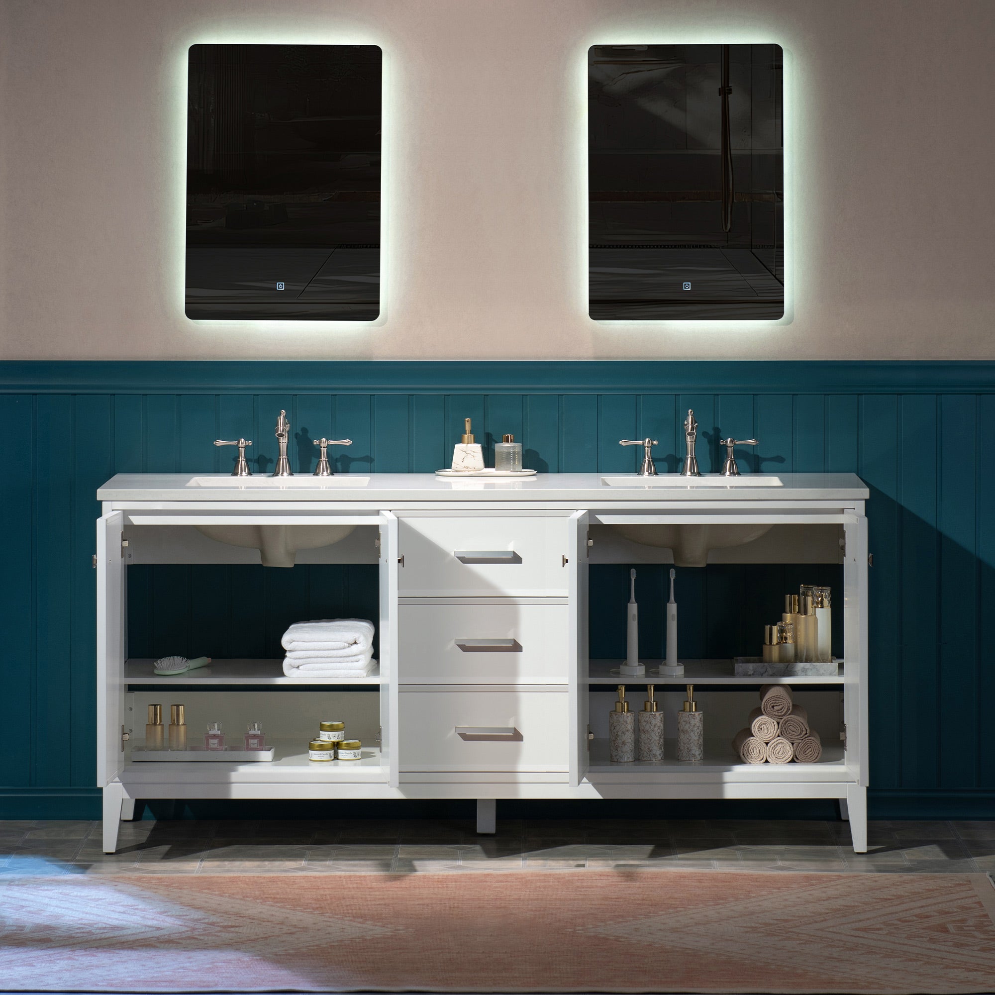 WOODBRIDGE 73" White Bathroom Vanity – Double Sink with Engineered Stone Top, Pre-drilled for 8 in. widespread faucets, Solid Wood Frame & Drawers, Fully Assembled and Ready for Installation