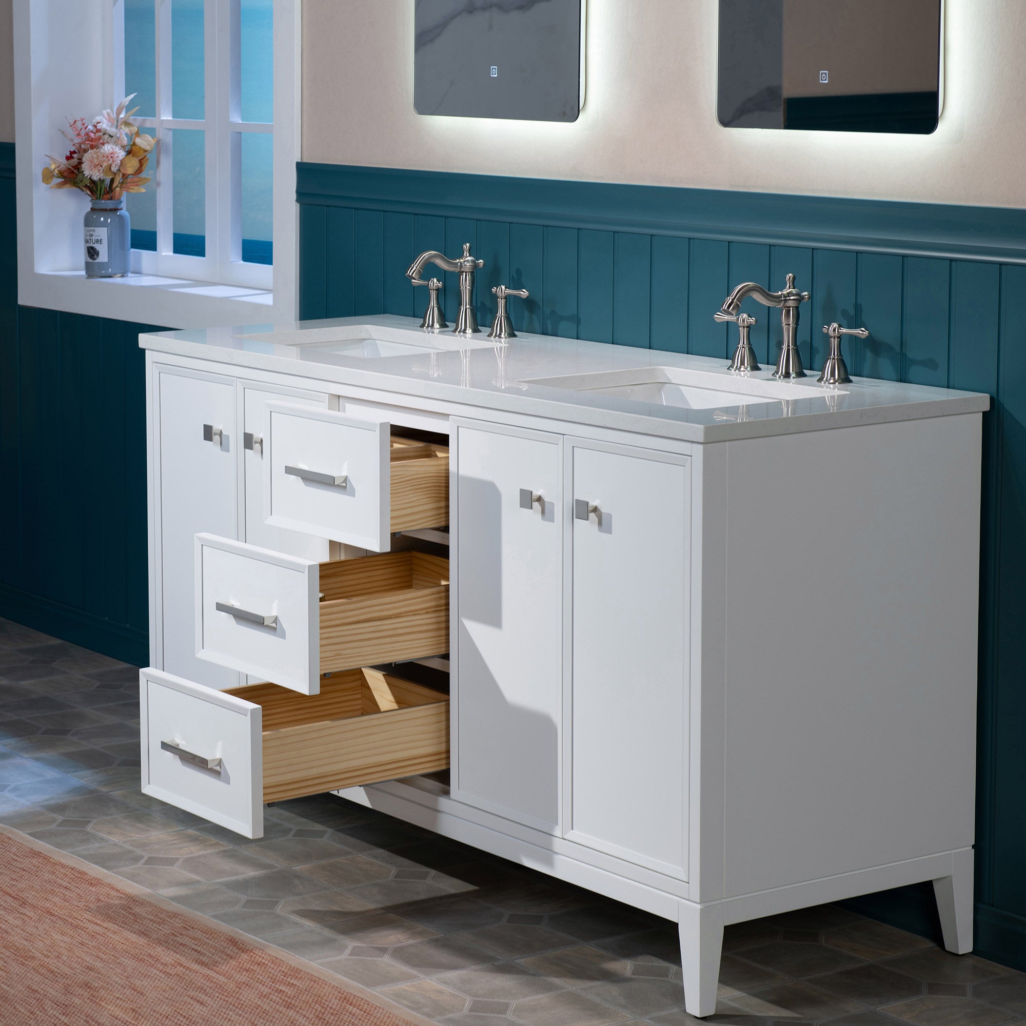 WOODBRIDGE 73" White Bathroom Vanity – Double Sink with Engineered Stone Top, Pre-drilled for 8 in. widespread faucets, Solid Wood Frame & Drawers, Fully Assembled and Ready for Installation