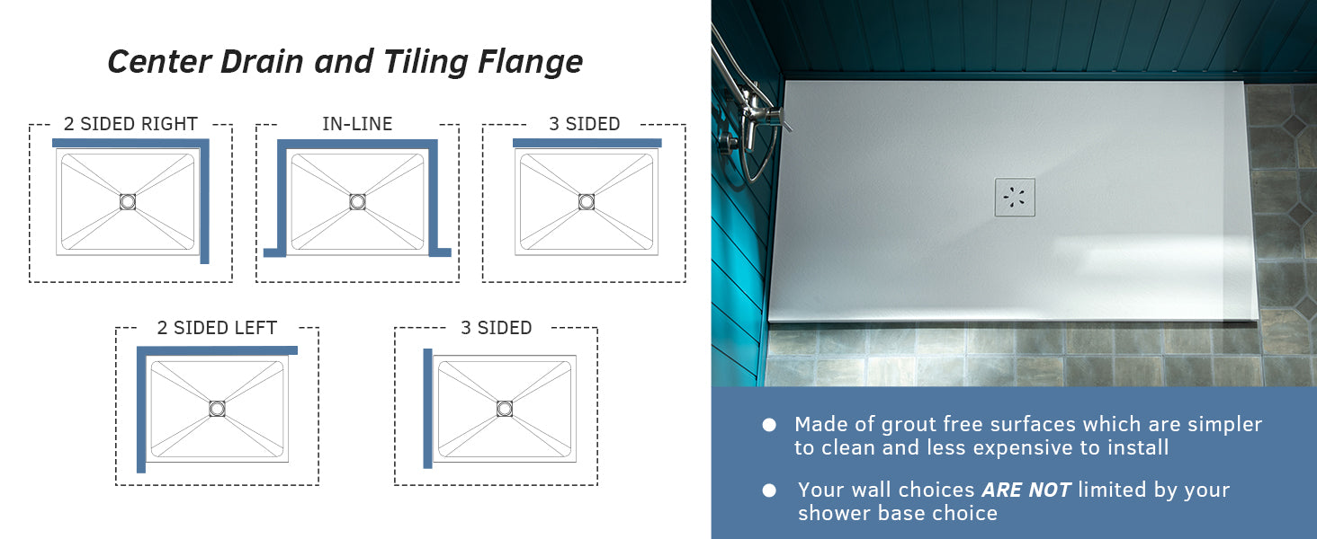 WOODBRIDGE Zero Threshold 48" x 36" Solid Surface Shower Base Center Drain