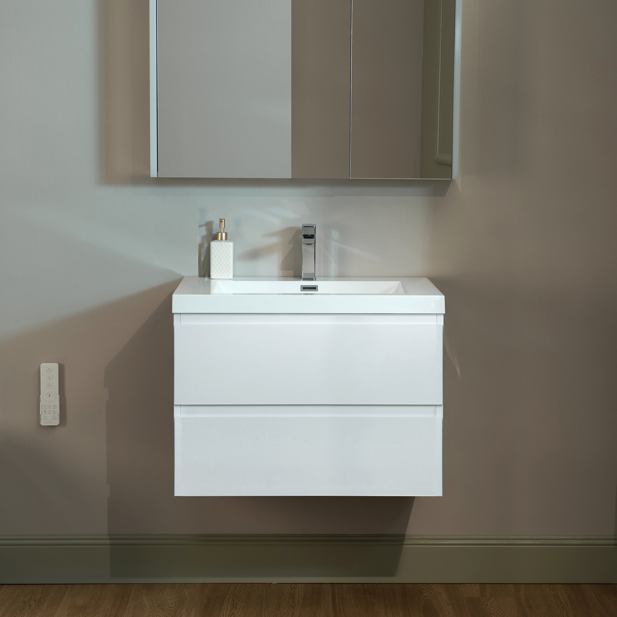 WOODBRIDGE 23-5/8 in. W x 19-5/8 in. D Wall Mounted Floating Vanity in Glossy White with Resin Composite Vanity Top in Glossy White