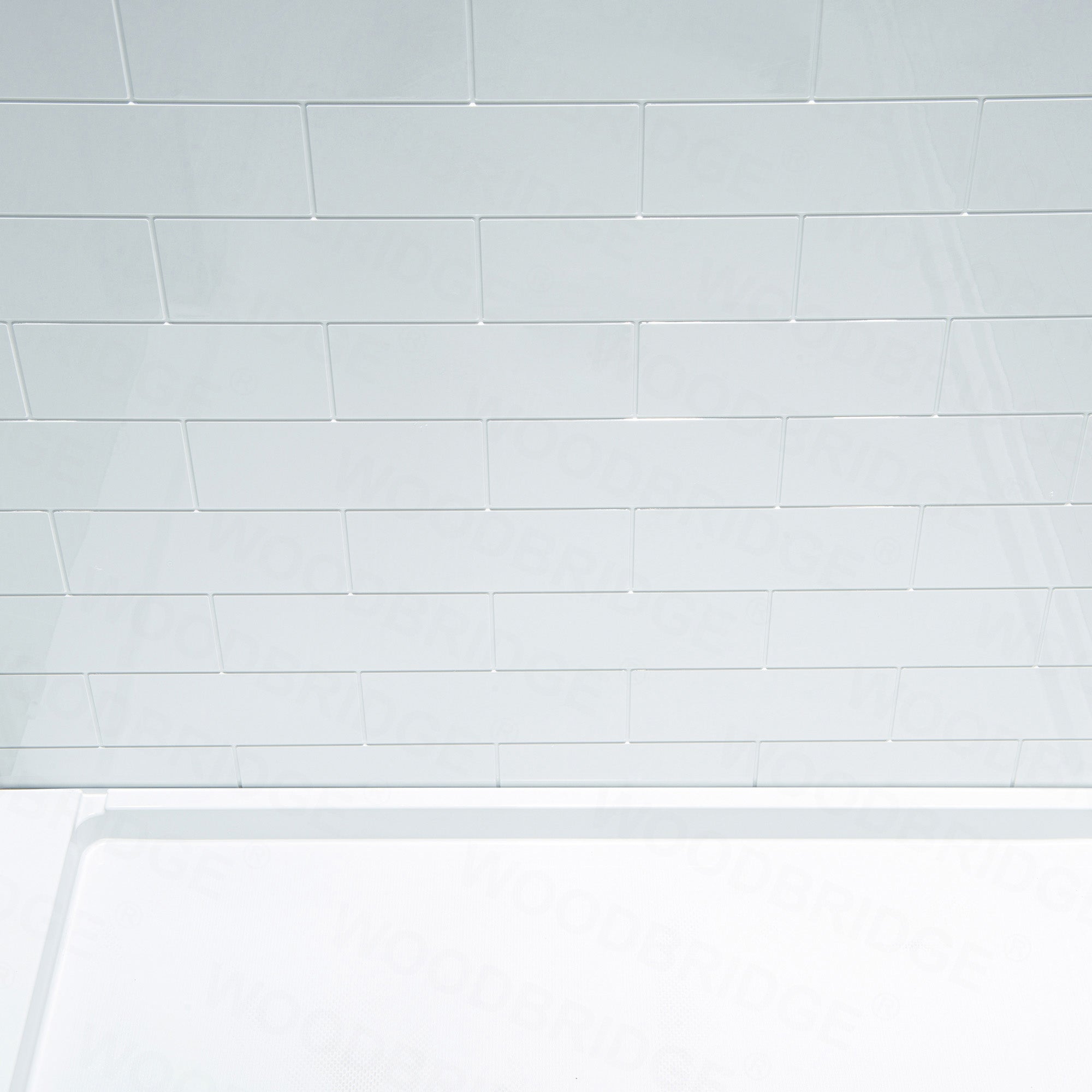 WOODBRIDGE Solid Surface 60" W x 96" H Tile Tub and Shower Wall Panel Surround, Quick Install, Cuttable, Staggered Brick Pattern, High Gloss White Finish