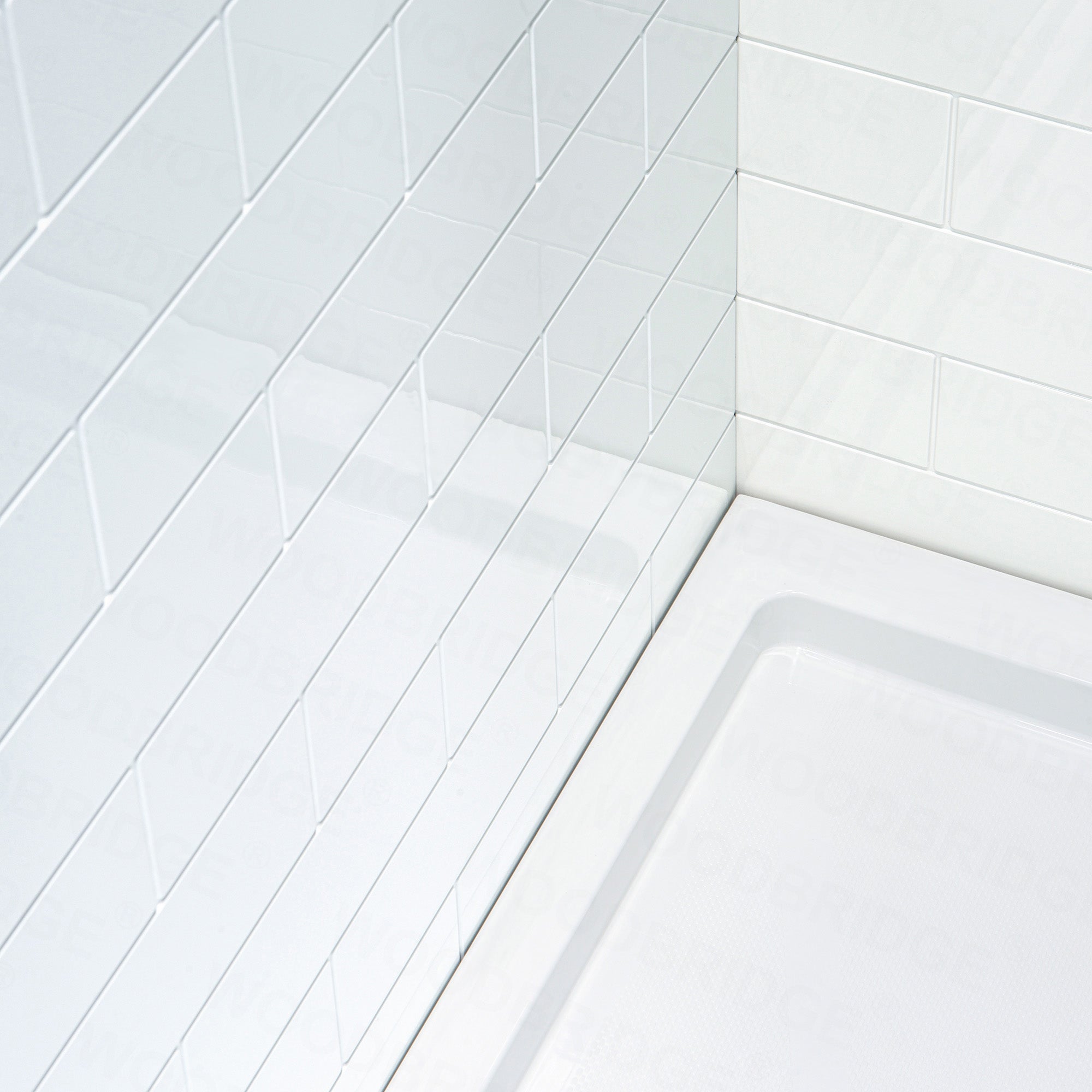 WOODBRIDGE Solid Surface 60" W x 96" H Tile Tub and Shower Wall Panel Surround, Quick Install, Cuttable, Staggered Brick Pattern, High Gloss White Finish