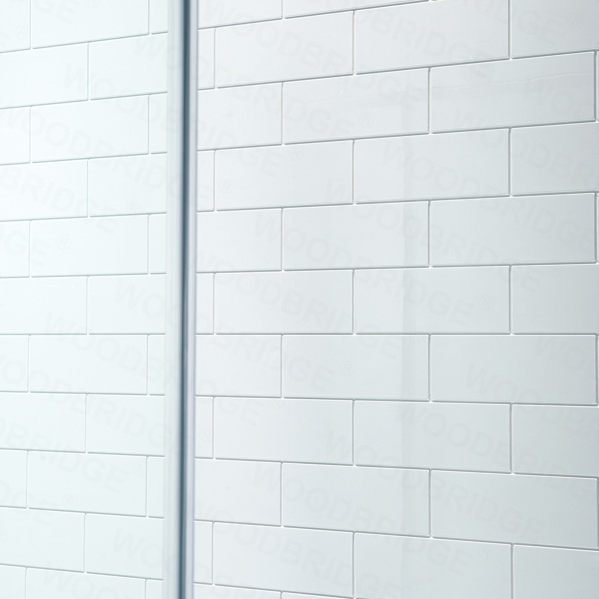 WOODBRIDGE Solid Surface 60" W x 96" H Tile Tub and Shower Wall Panel Surround, Quick Install, Cuttable, Staggered Brick Pattern, High Gloss White Finish