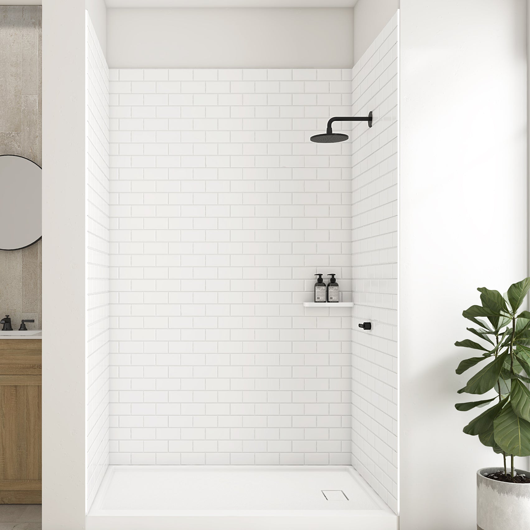 WOODBRIDGE Solid Surface 60" W x 96" H Tile Tub and Shower Wall Panel Surround, Quick Install, Cuttable, Staggered Brick Pattern, High Gloss White Finish