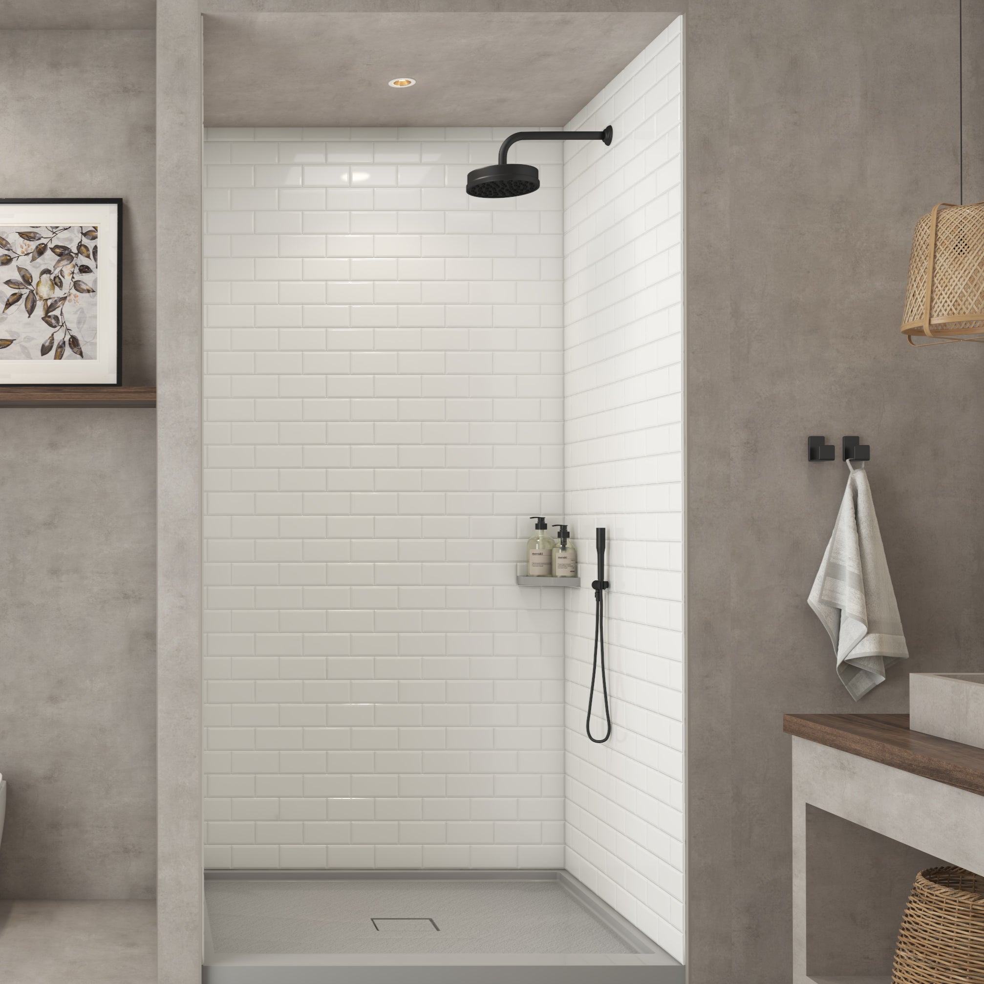 WOODBRIDGE Solid Surface 60" W x 96" H Tile Tub and Shower Wall Panel Surround, Quick Install, Cuttable, Staggered Brick Pattern, High Gloss White Finish