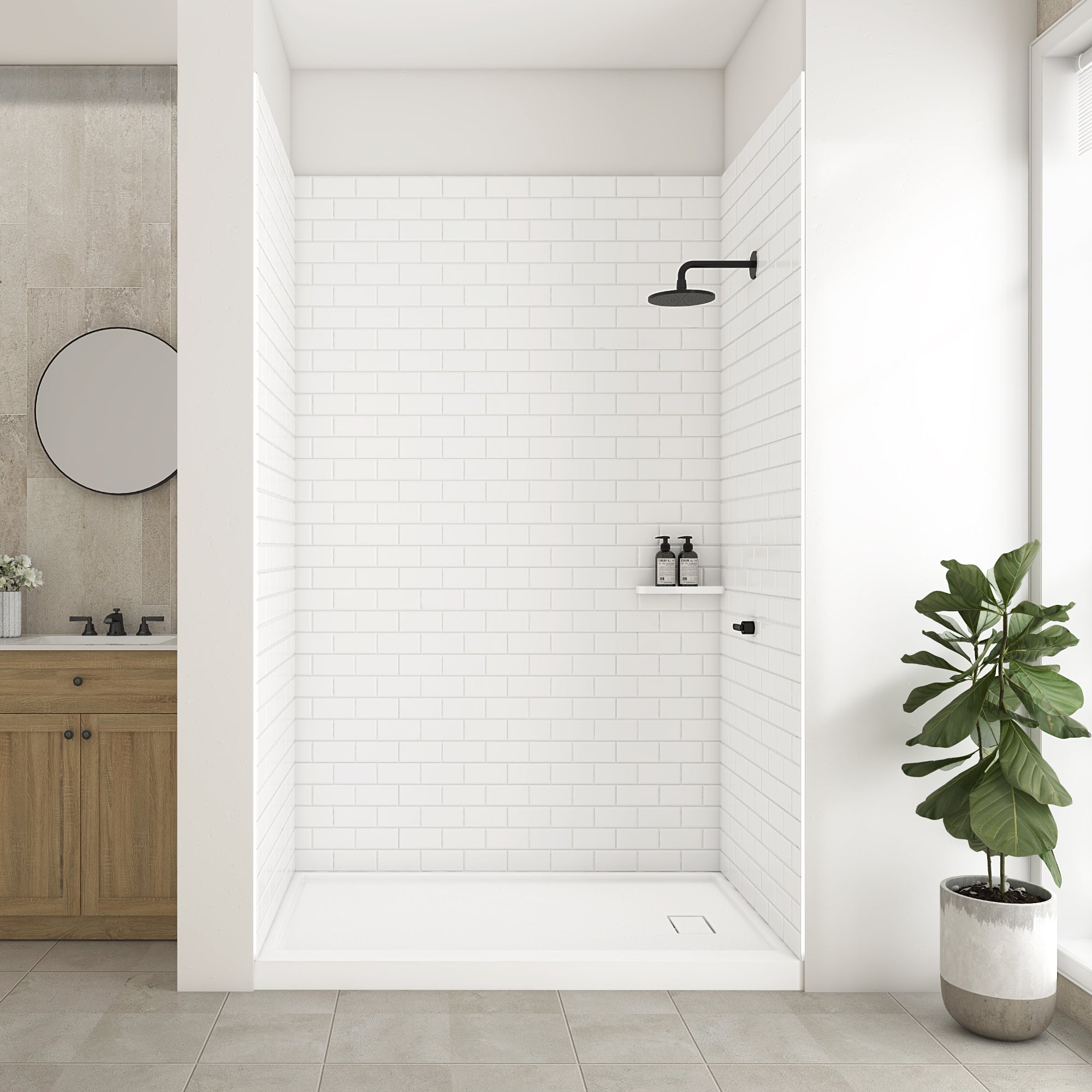 WOODBRIDGE Solid Surface 60" W x 96" H Tile Tub and Shower Wall Panel Surround, Quick Install, Cuttable, Staggered Brick Pattern, High Gloss White Finish