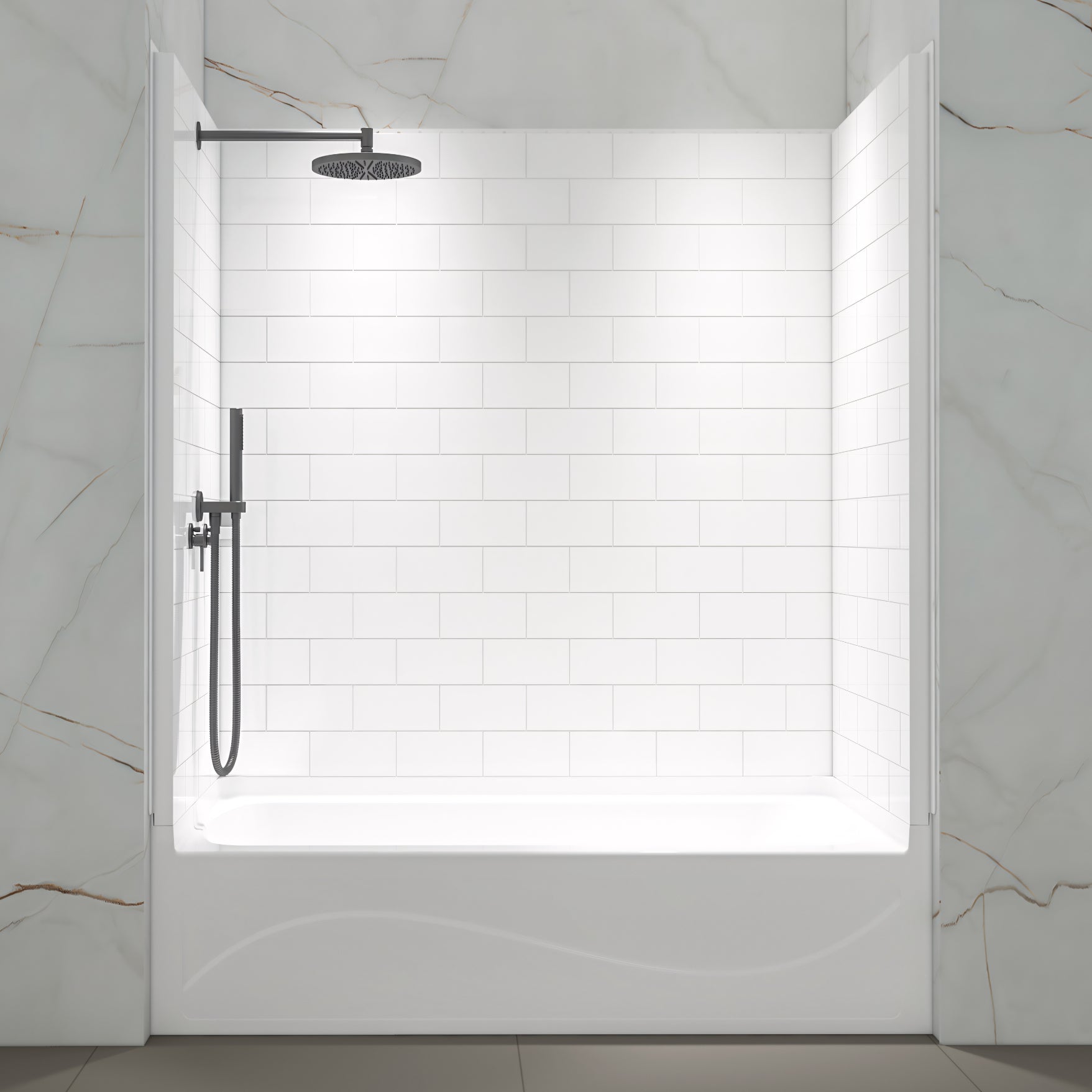 WOODBRIDGE 60 in. W x 32 in. D x 64 in. H 4-Piece Solid Surface Alcove Tub Wall Kit with Staggered Brick Pattern, Gloss White Finish,
