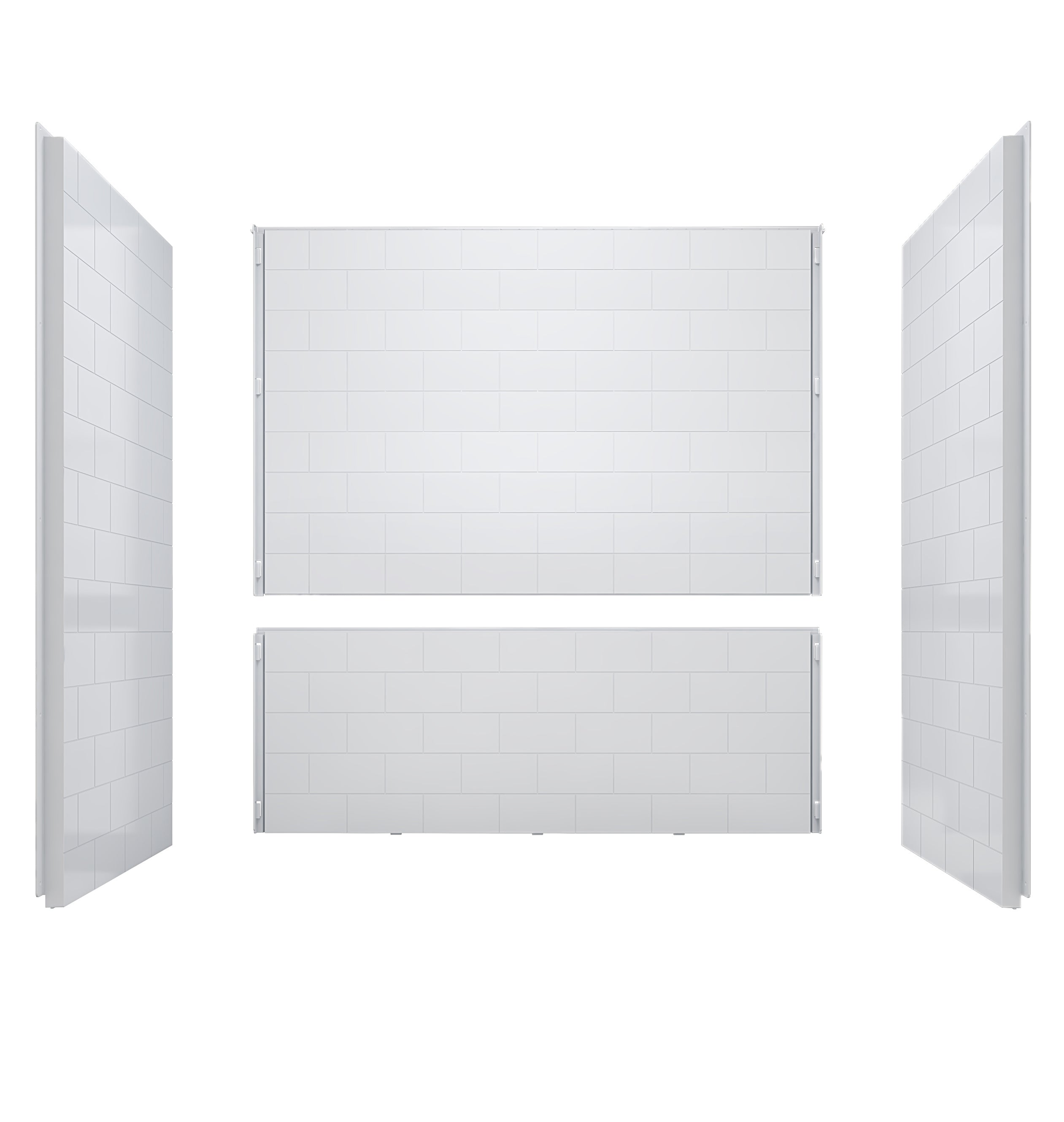 WOODBRIDGE 60 in. W x 32 in. D x 64 in. H 4-Piece Solid Surface Alcove Tub Wall Kit with Staggered Brick Pattern, Gloss White Finish,