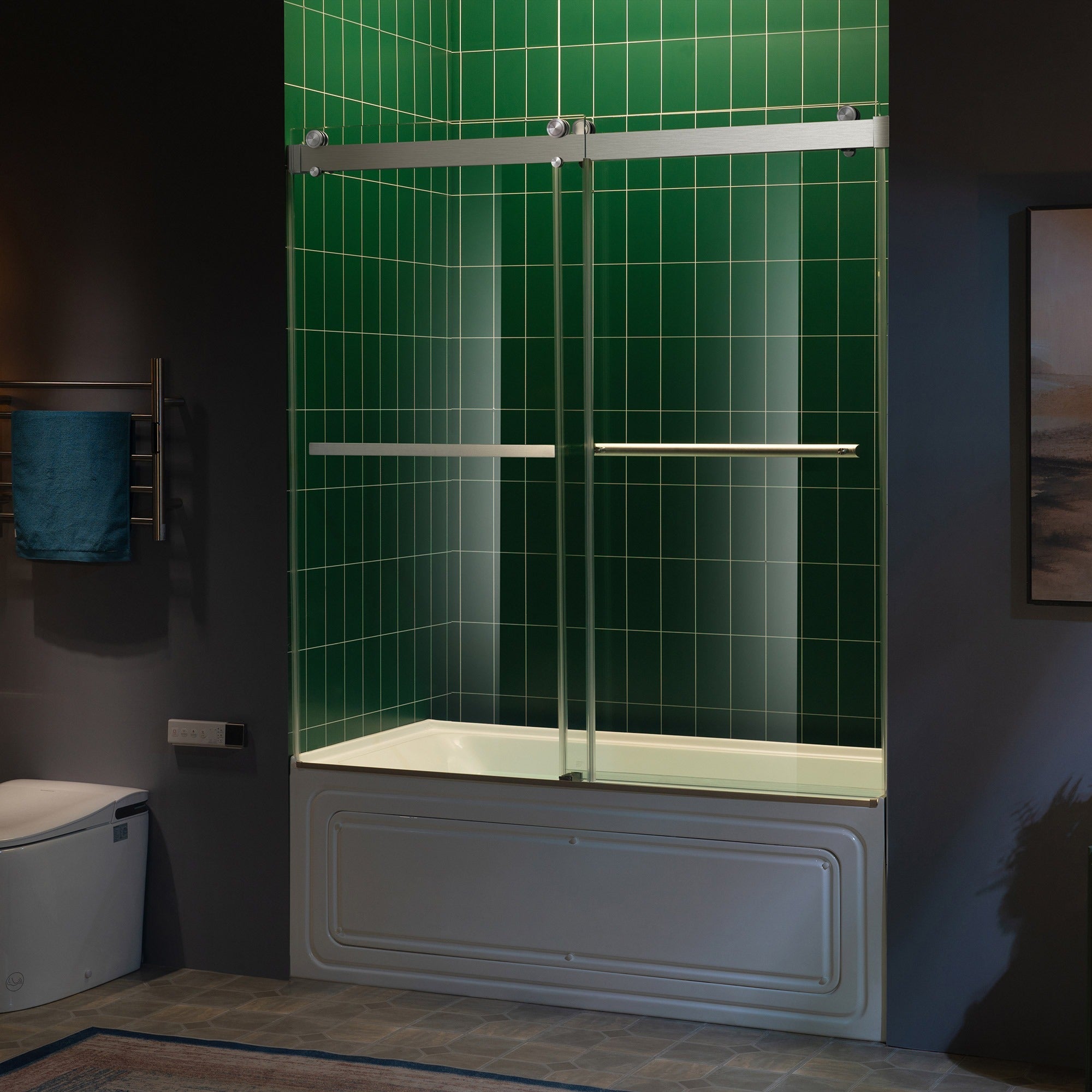 WOODBRIDGE Frameless Double Sliding Tub Door with Soft Close System, 57.5-60" Width x 62"Height with 3/8"(10mm) Clear Tempered Glass, REFT-6062