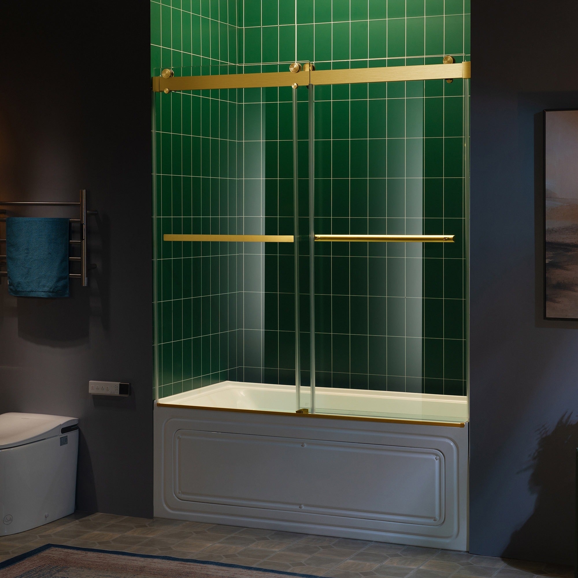 WOODBRIDGE Frameless Double Sliding Tub Door with Soft Close System, 57.5-60" Width x 62"Height with 3/8"(10mm) Clear Tempered Glass, REFT-6062