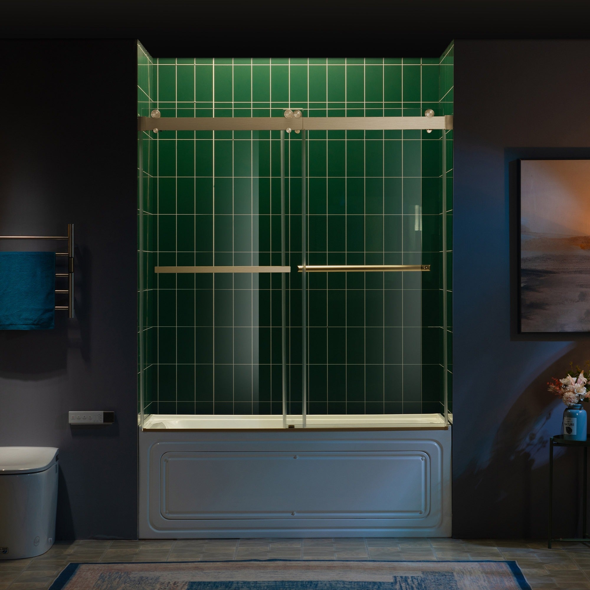 WOODBRIDGE Frameless Double Sliding Tub Door with Soft Close System, 57.5-60" Width x 62"Height with 3/8"(10mm) Clear Tempered Glass, REFT-6062