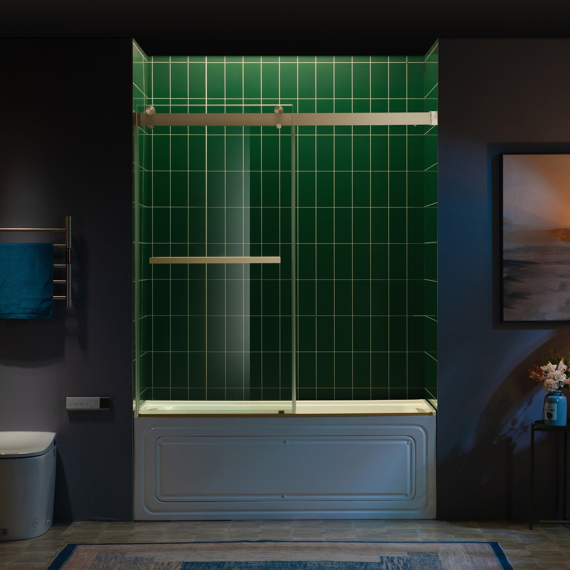 WOODBRIDGE Frameless Double Sliding Tub Door with Soft Close System, 57.5-60" Width x 62"Height with 3/8"(10mm) Clear Tempered Glass, REFT-6062