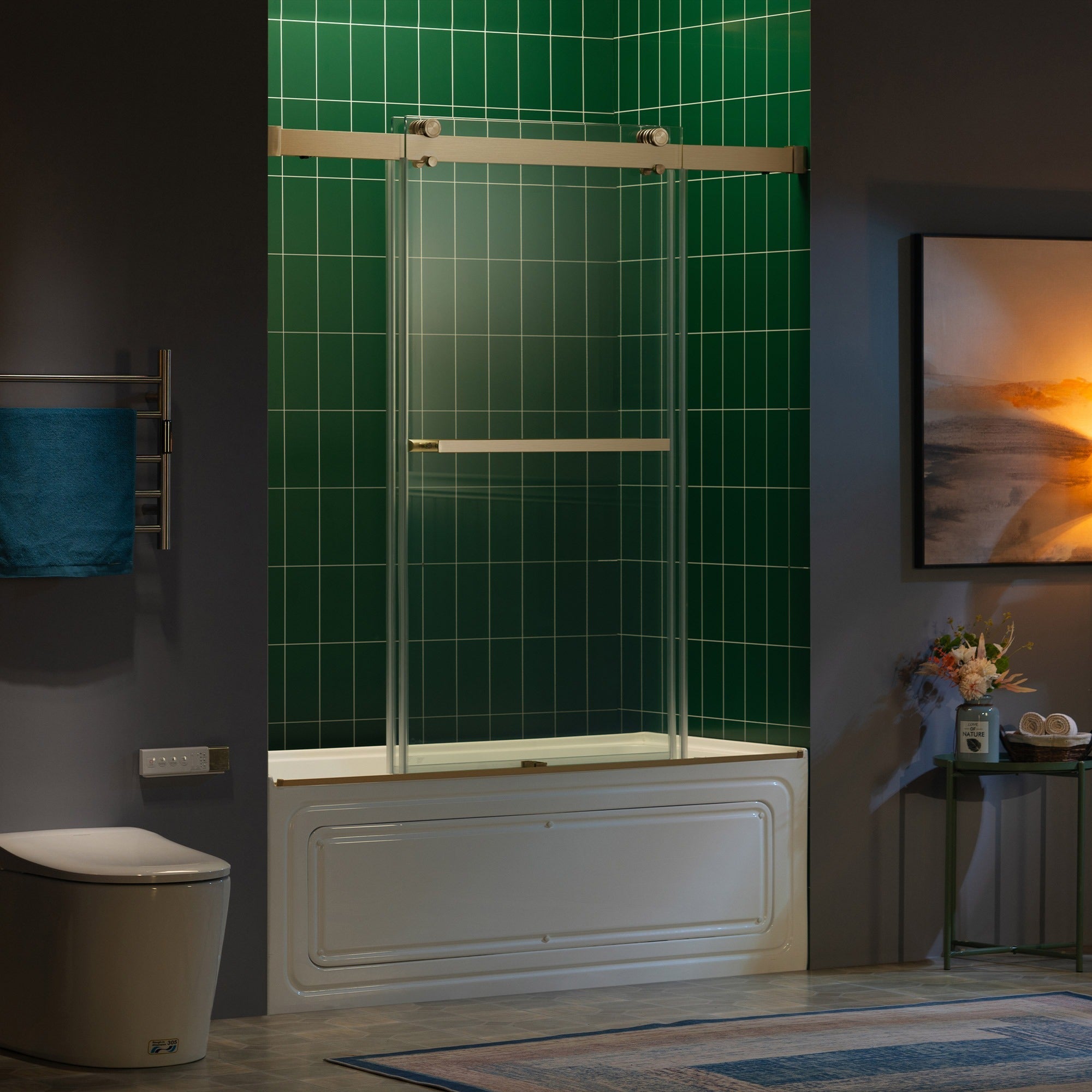 WOODBRIDGE Frameless Double Sliding Tub Door with Soft Close System, 57.5-60" Width x 62"Height with 3/8"(10mm) Clear Tempered Glass, REFT-6062