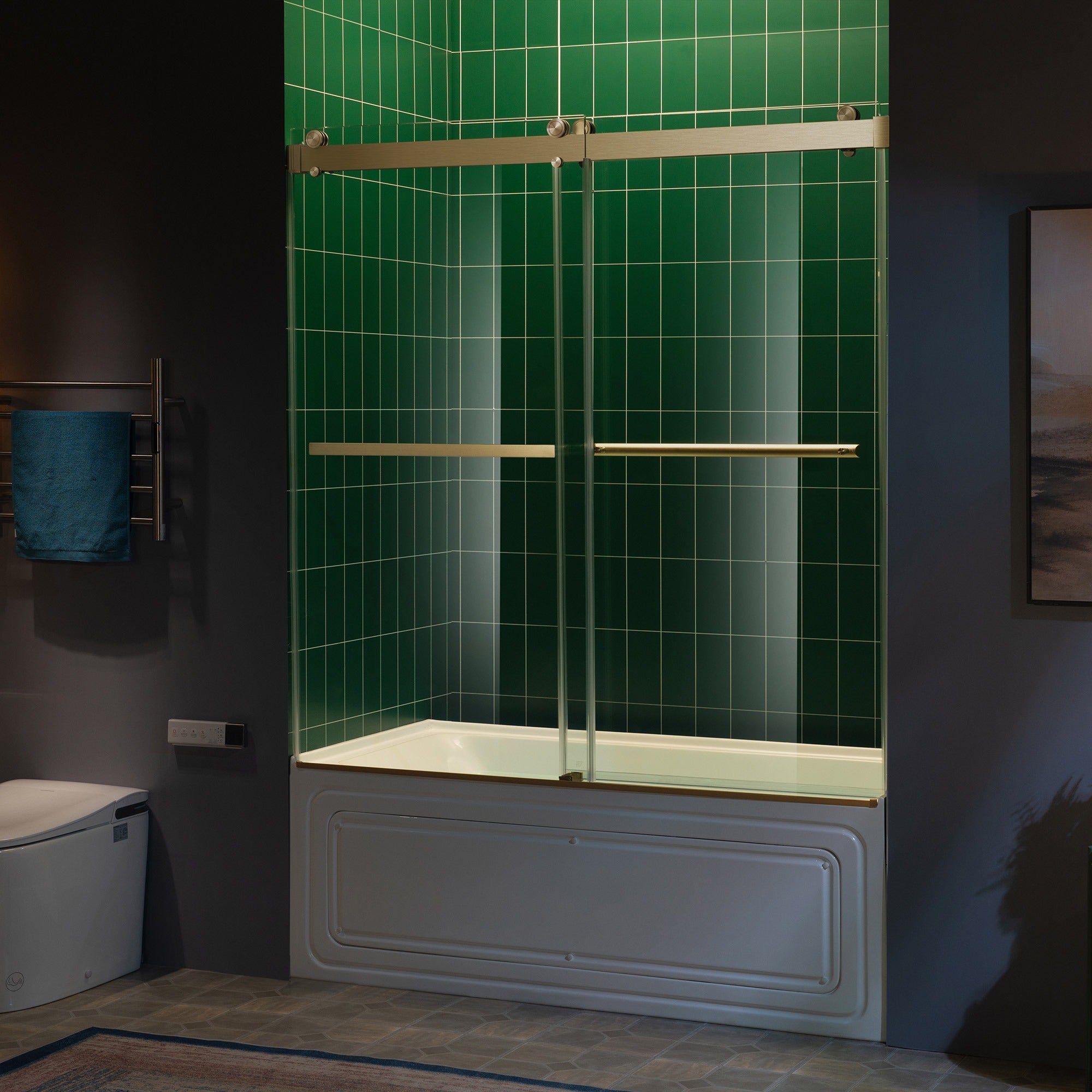 WOODBRIDGE Frameless Double Sliding Tub Door with Soft Close System, 57.5-60" Width x 62"Height with 3/8"(10mm) Clear Tempered Glass, REFT-6062