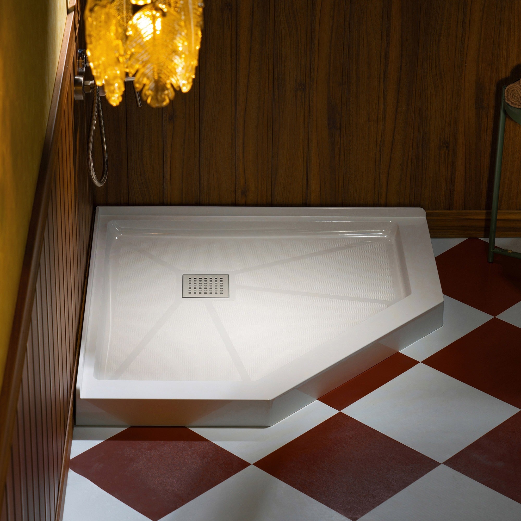WOODBRIDGE 34 in. x 34 in. Solid Surface Neo-Angle Shower Base Pan in White with Drain Cover