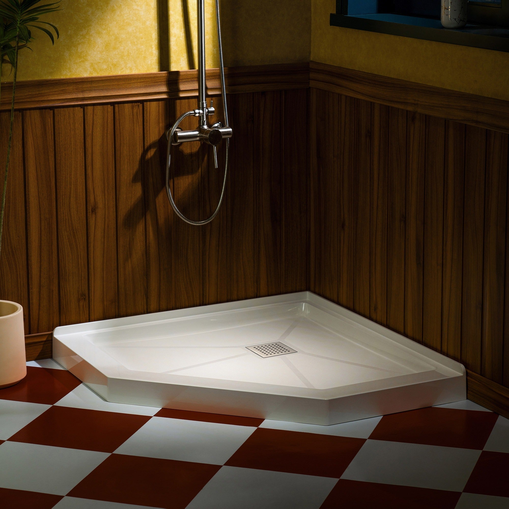 WOODBRIDGE 34 in. x 34 in. Solid Surface Neo-Angle Shower Base Pan in White with Drain Cover