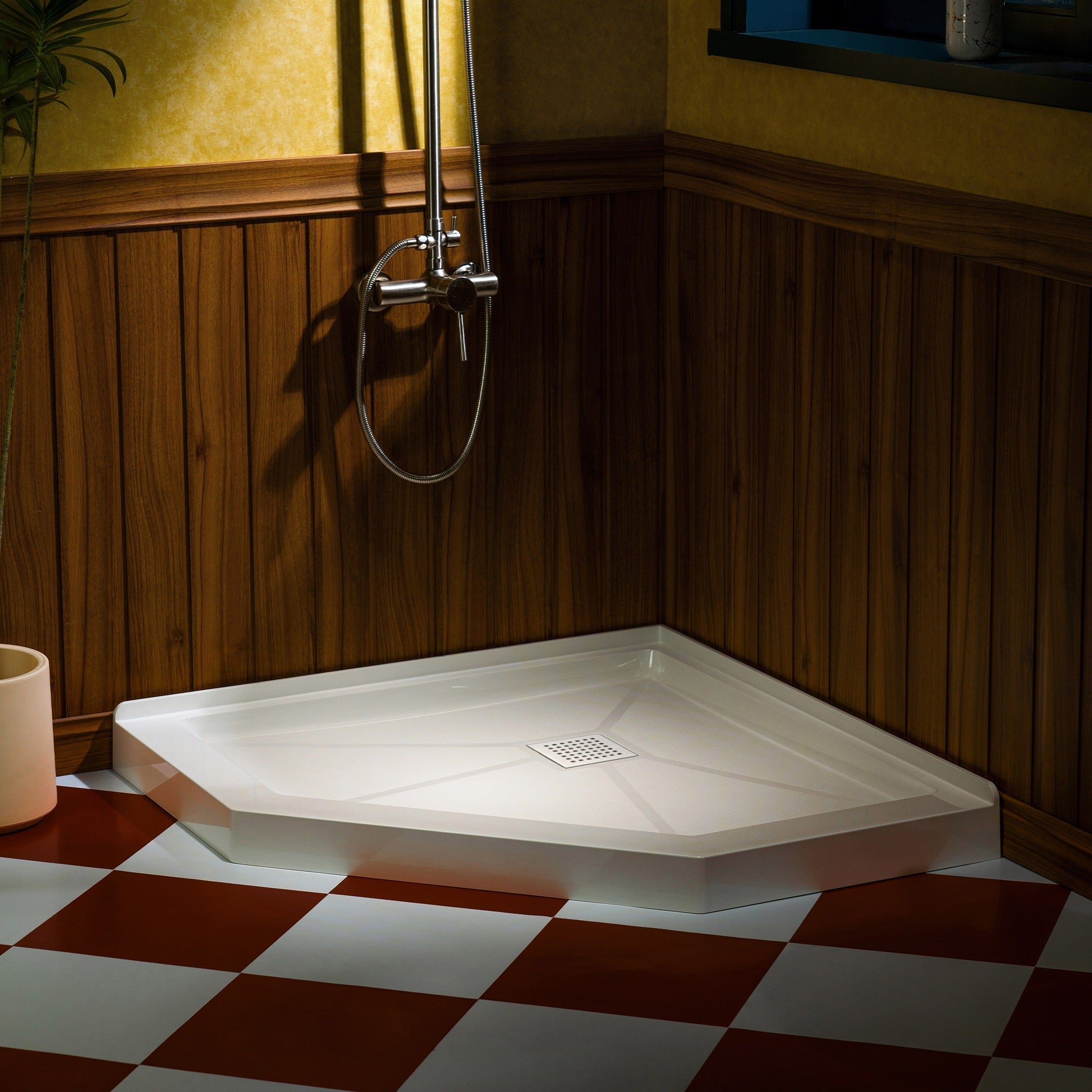 WOODBRIDGE 34 in. x 34 in. Solid Surface Neo-Angle Shower Base Pan in White with Drain Cover