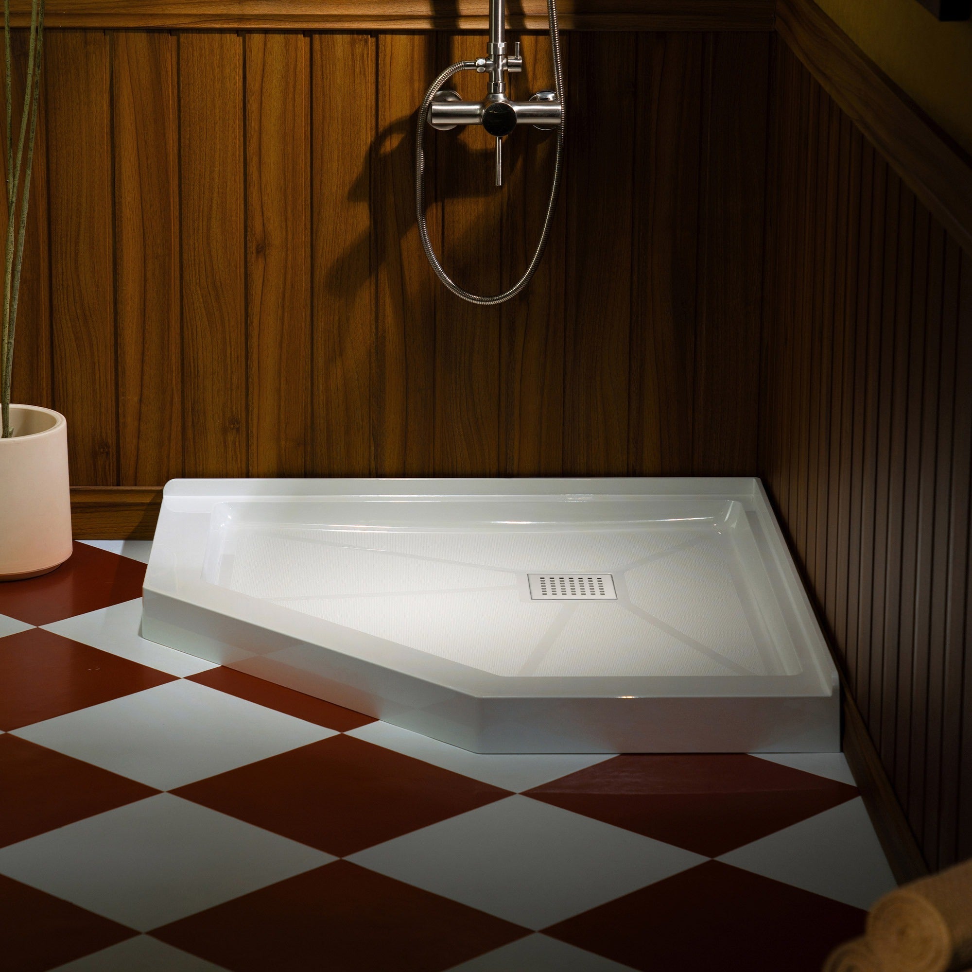 WOODBRIDGE 34 in. x 34 in. Solid Surface Neo-Angle Shower Base Pan in White with Drain Cover