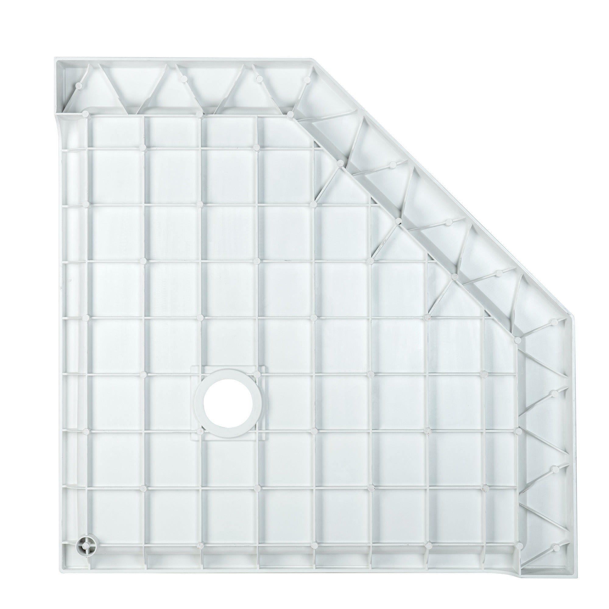 WOODBRIDGE 34 in. x 34 in. Solid Surface Neo-Angle Shower Base Pan in White with Drain Cover