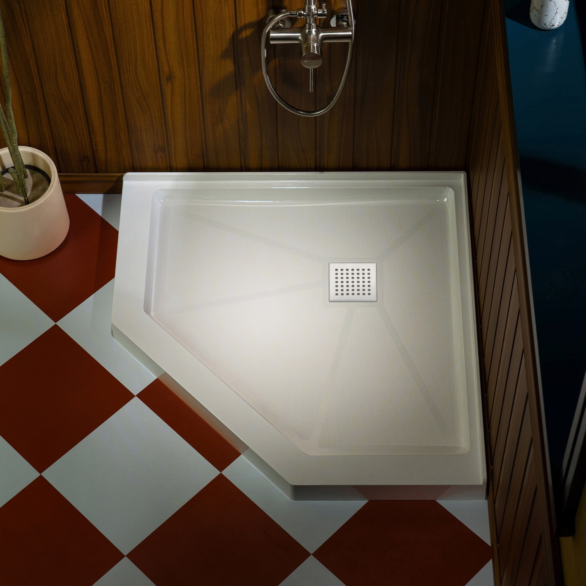 WOODBRIDGE 34 in. x 34 in. Solid Surface Neo-Angle Shower Base Pan in White with Drain Cover
