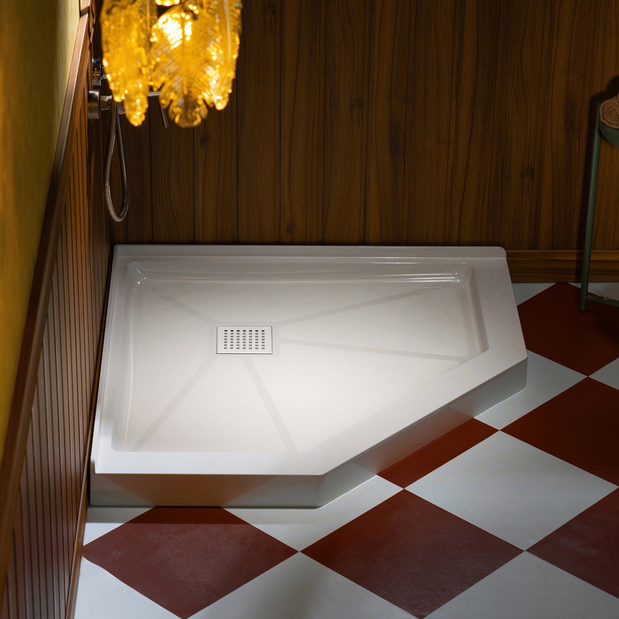 WOODBRIDGE 34 in. x 34 in. Solid Surface Neo-Angle Shower Base Pan in White with Drain Cover