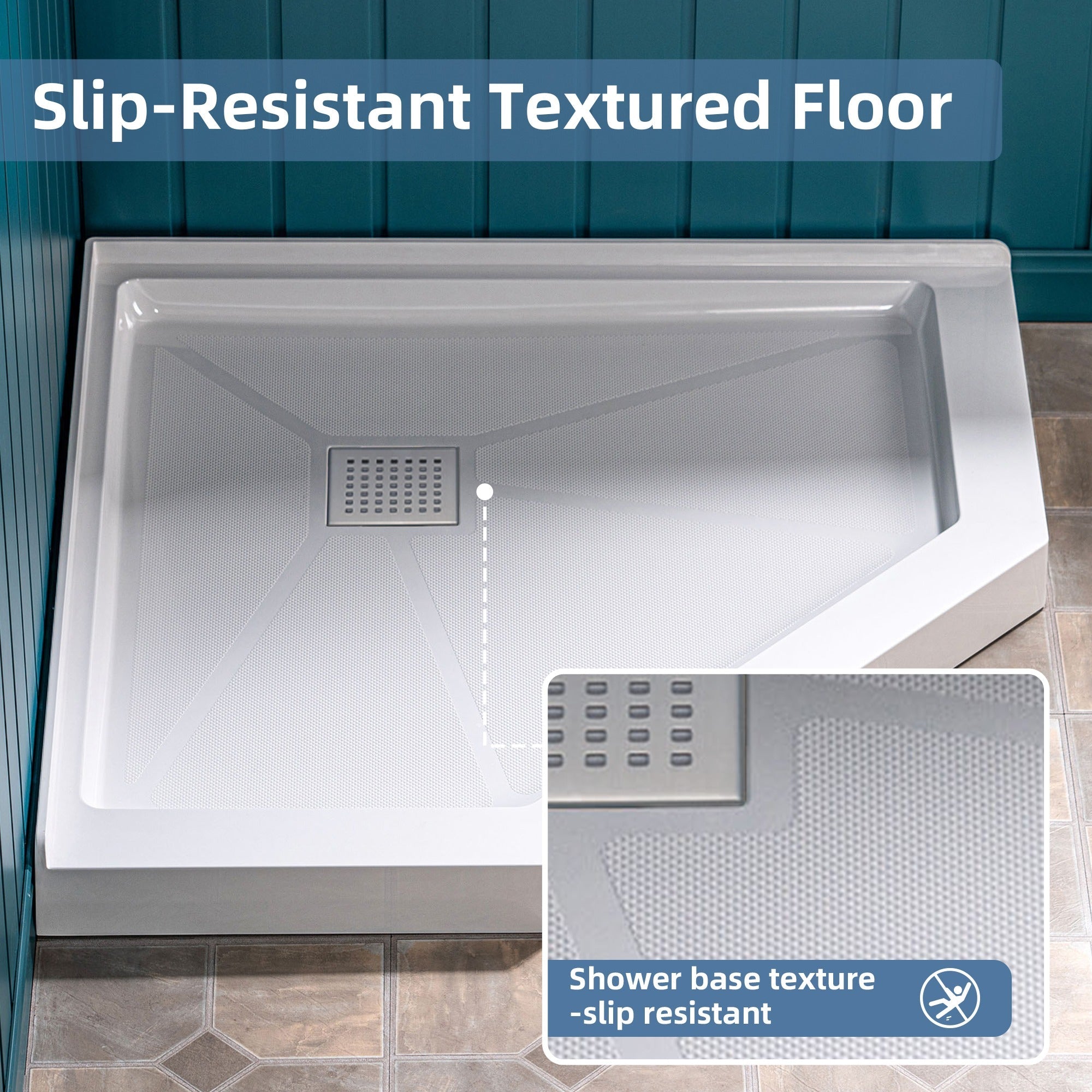 WOODBRIDGE 34 in. x 34 in. Solid Surface Neo-Angle Shower Base Pan in White with Drain Cover