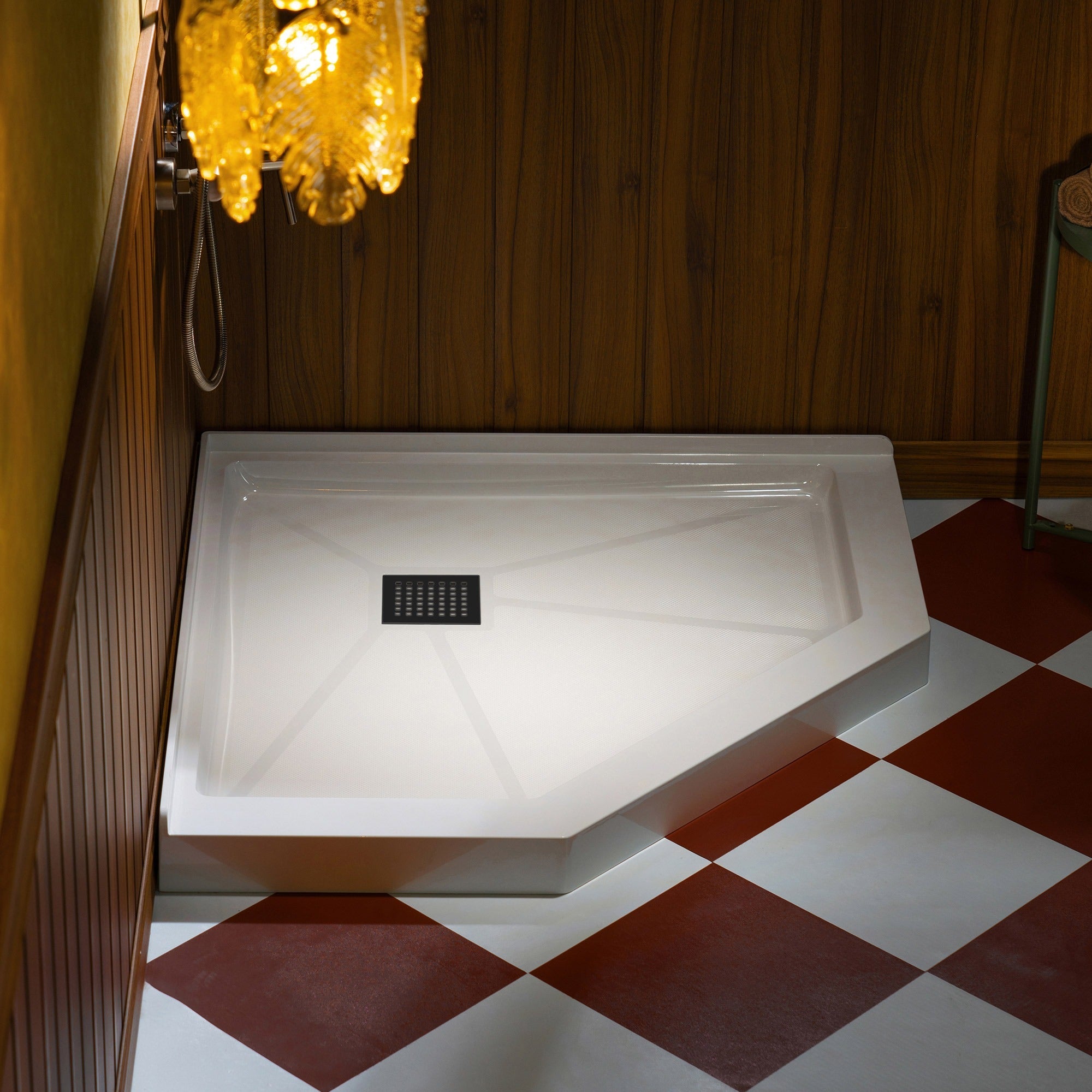WOODBRIDGE 34 in. x 34 in. Solid Surface Neo-Angle Shower Base Pan in White with Drain Cover