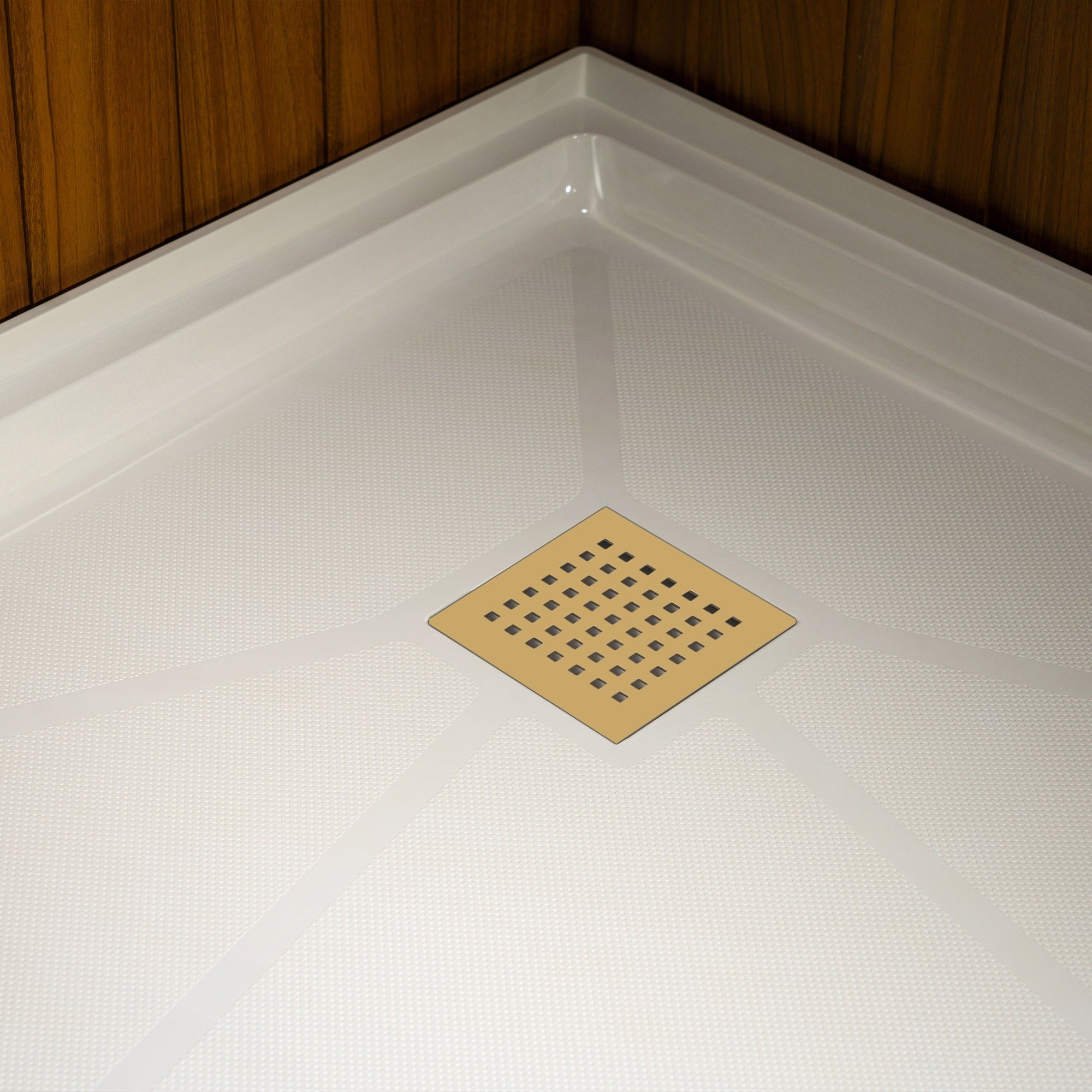 WOODBRIDGE 34 in. x 34 in. Solid Surface Neo-Angle Shower Base Pan in White with Drain Cover