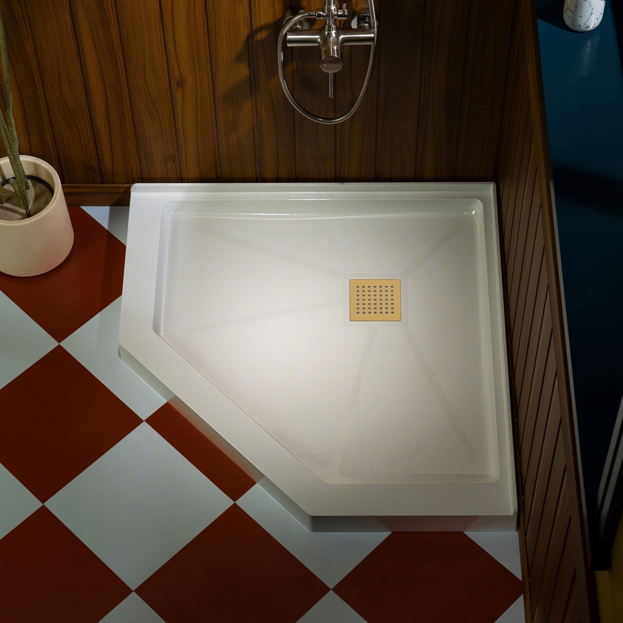 WOODBRIDGE 34 in. x 34 in. Solid Surface Neo-Angle Shower Base Pan in White with Drain Cover