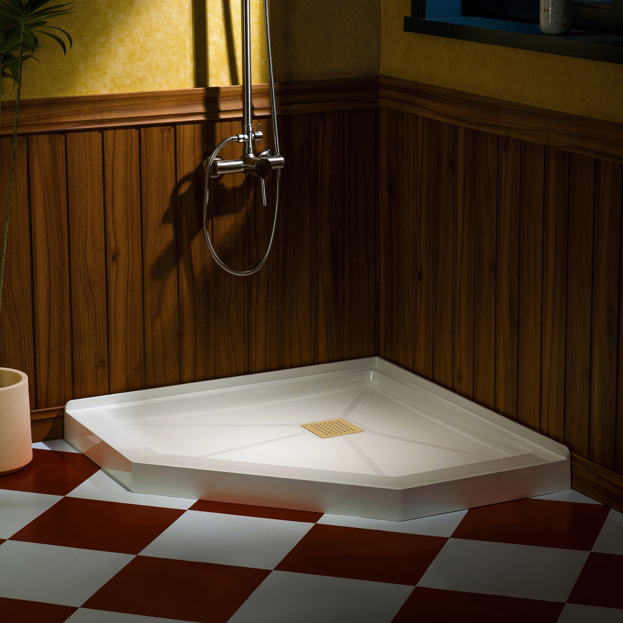WOODBRIDGE 34 in. x 34 in. Solid Surface Neo-Angle Shower Base Pan in White with Drain Cover