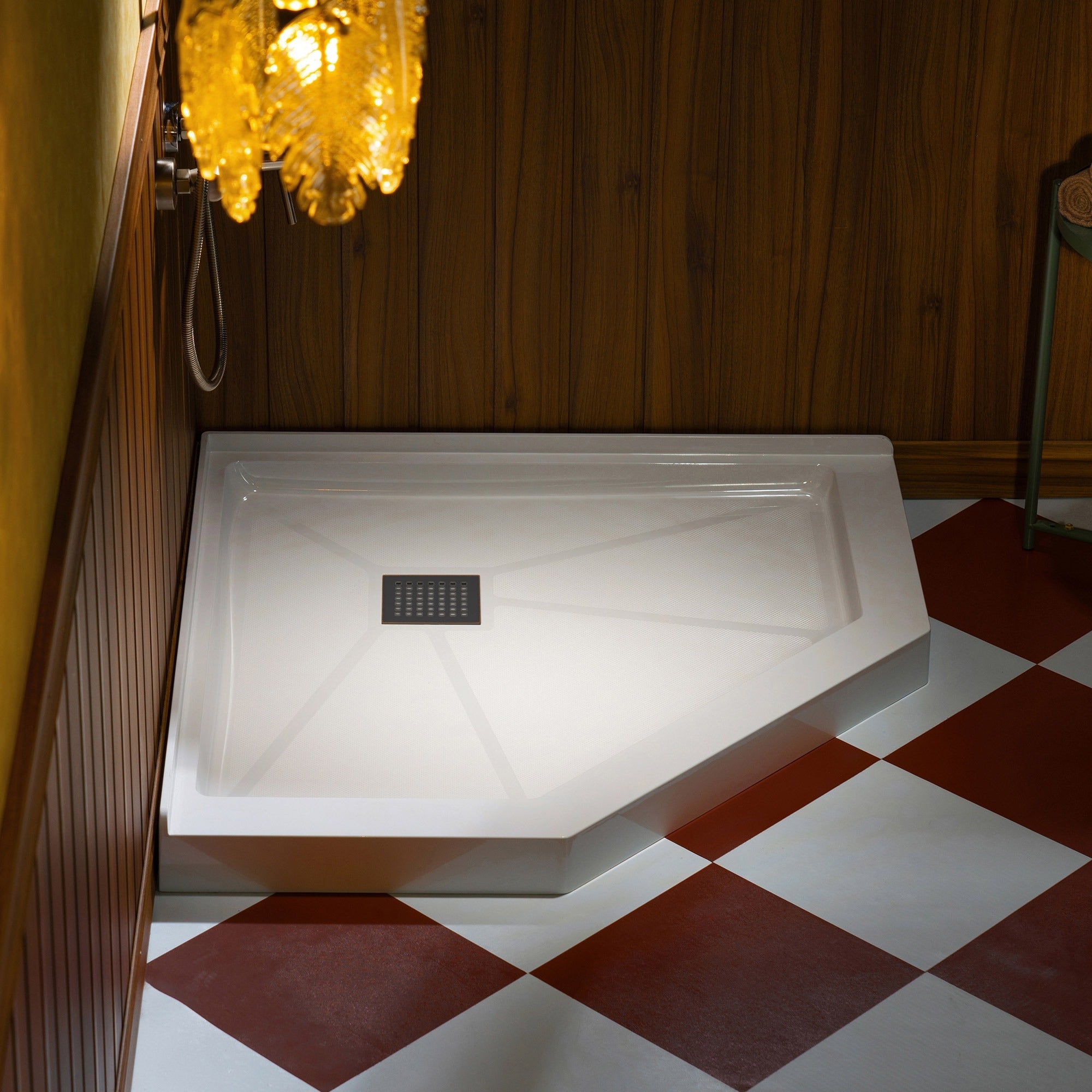 WOODBRIDGE 34 in. x 34 in. Solid Surface Neo-Angle Shower Base Pan in White with Drain Cover