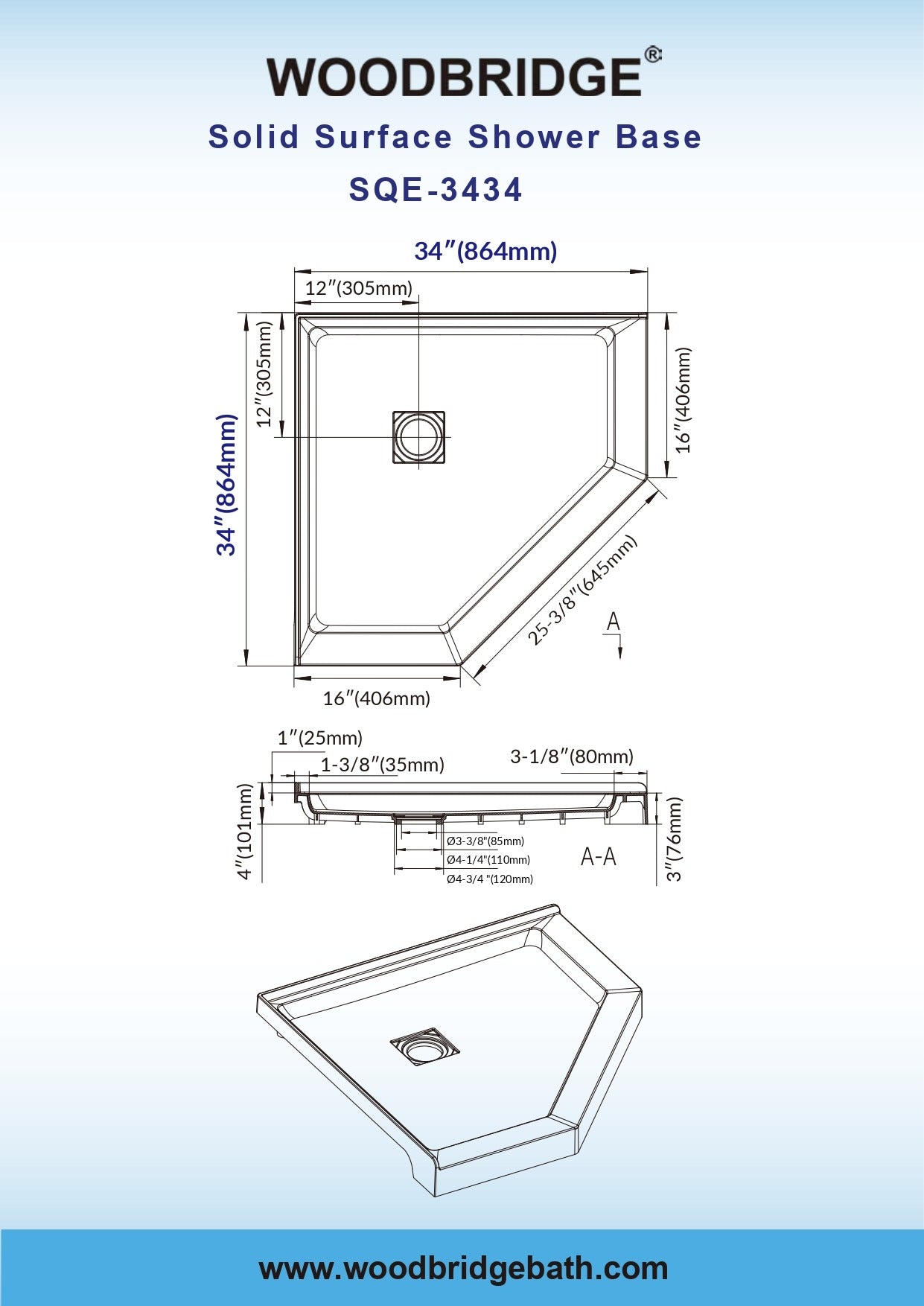 WOODBRIDGE 34 in. x 34 in. Solid Surface Neo-Angle Shower Base Pan in White with Drain Cover