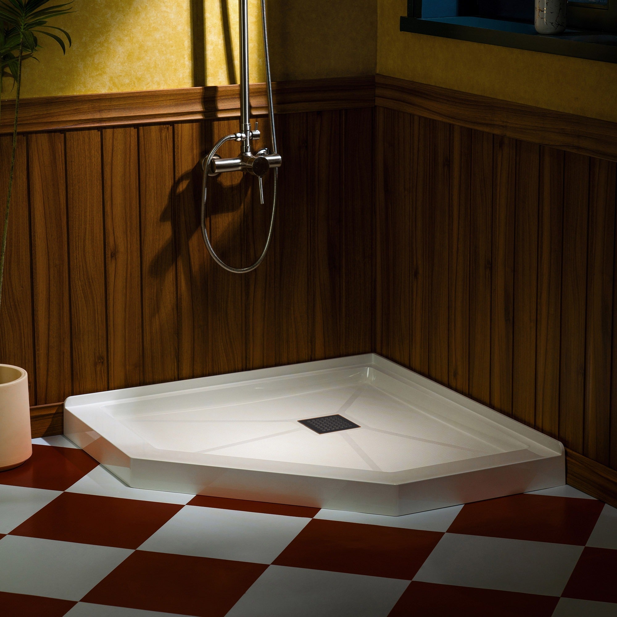 WOODBRIDGE 34 in. x 34 in. Solid Surface Neo-Angle Shower Base Pan in White with Drain Cover
