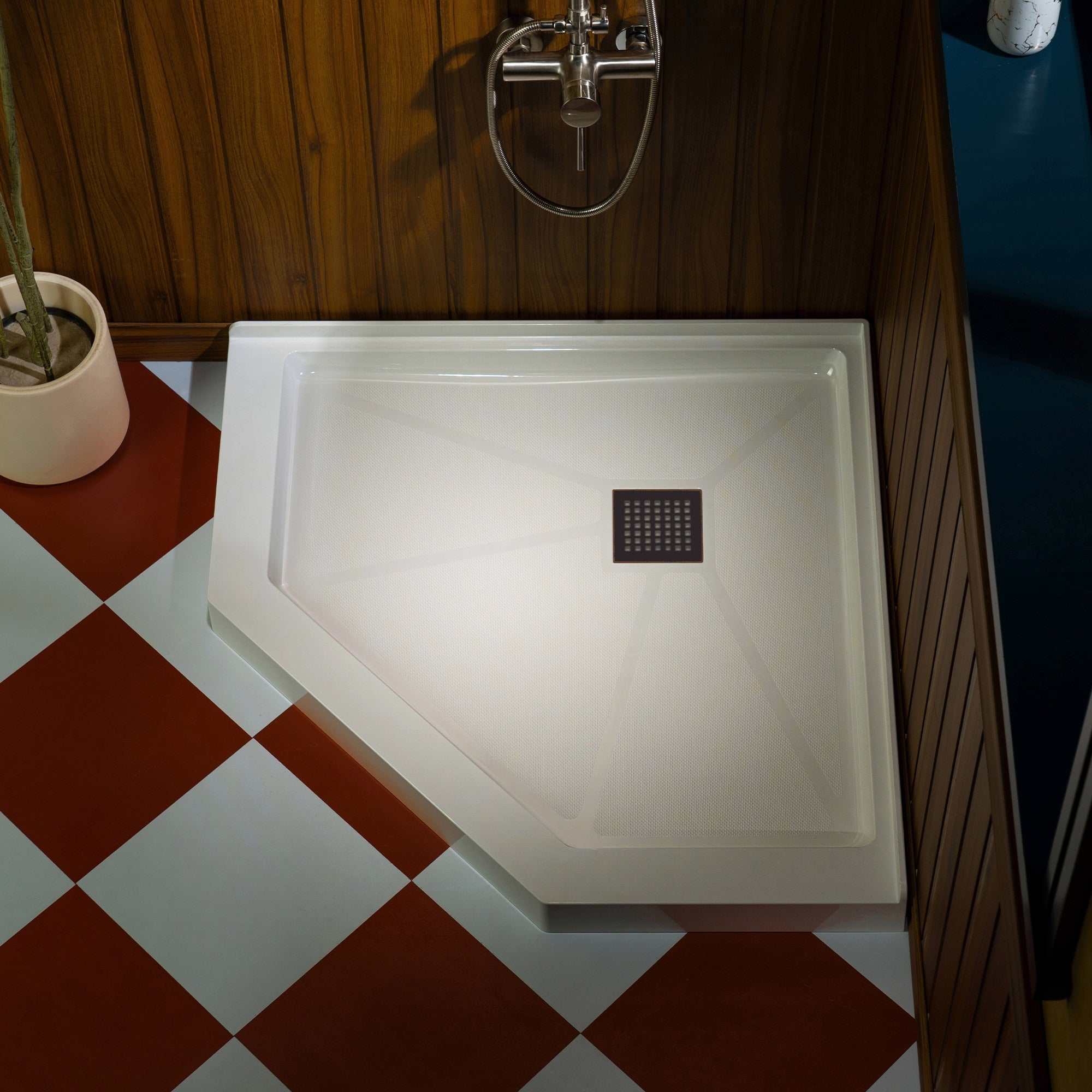 WOODBRIDGE 34 in. x 34 in. Solid Surface Neo-Angle Shower Base Pan in White with Drain Cover