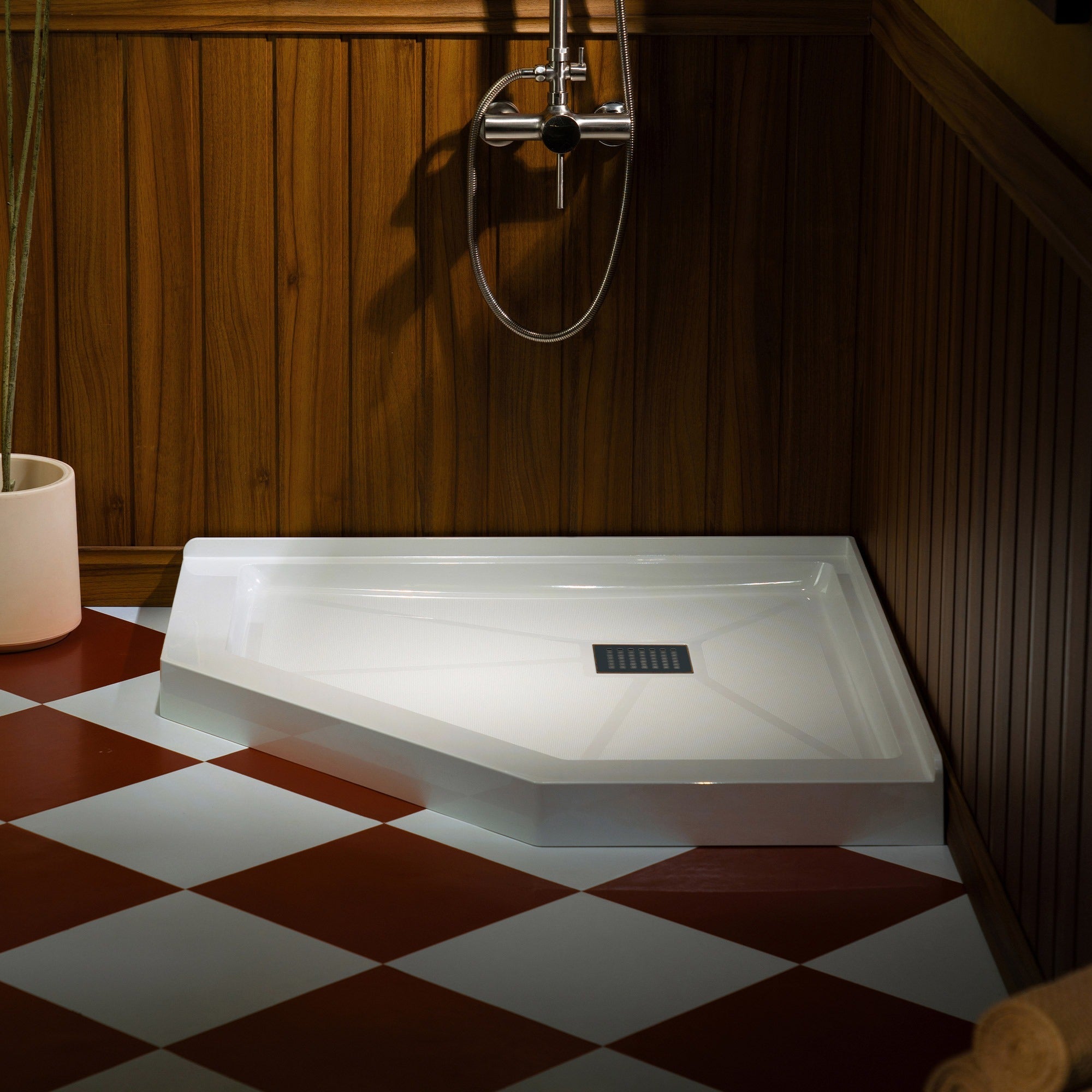 WOODBRIDGE 34 in. x 34 in. Solid Surface Neo-Angle Shower Base Pan in White with Drain Cover