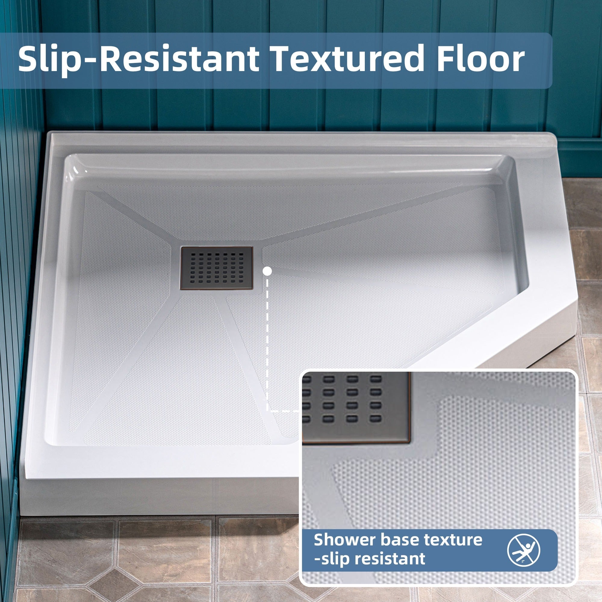 WOODBRIDGE 34 in. x 34 in. Solid Surface Neo-Angle Shower Base Pan in White with Drain Cover