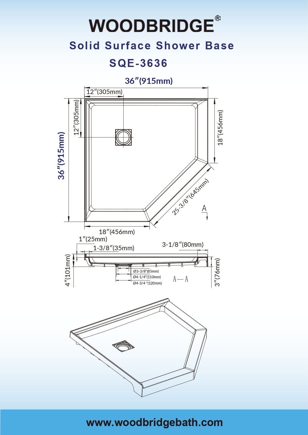 WOODBRIDGE 36 in. x 36 in. Solid Surface Neo-Angle Shower Base Pan in White with Drain Cover