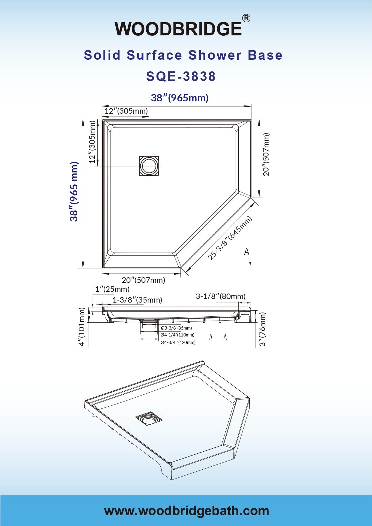 WOODBRIDGE 38 in. x 38 in. Solid Surface Neo-Angle Shower Base Pan in White with Drain Cover