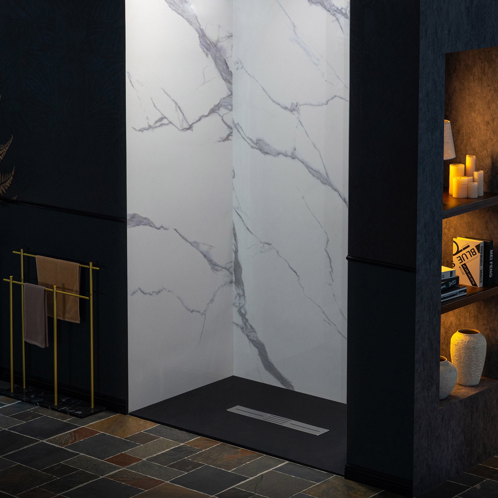 WOODBRIDGE 60" W x 75" H 3-Piece Solid Surface Tile Tub and Shower Wall Panel Surround Kit in Carrara White, Quick Install and Trimmable.