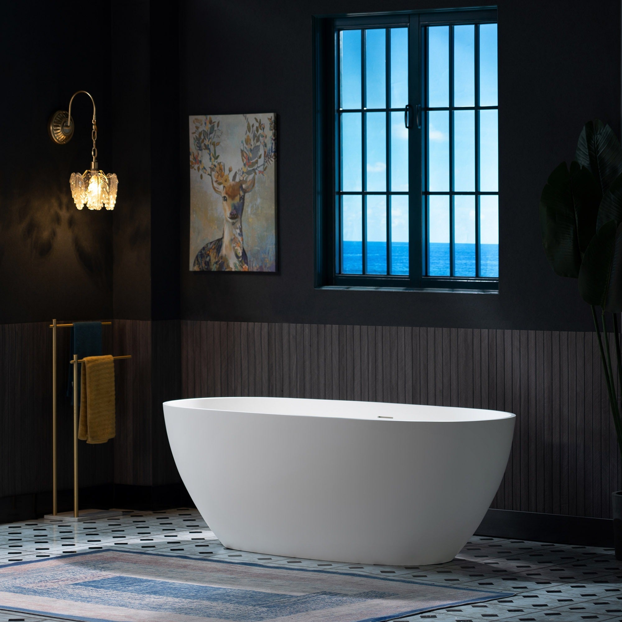 WOODBRIDGE 63" L x 28-3/8" W Luxury Contemporary Solid Surface Stone Resin Freestanding Bathtub in Matte White