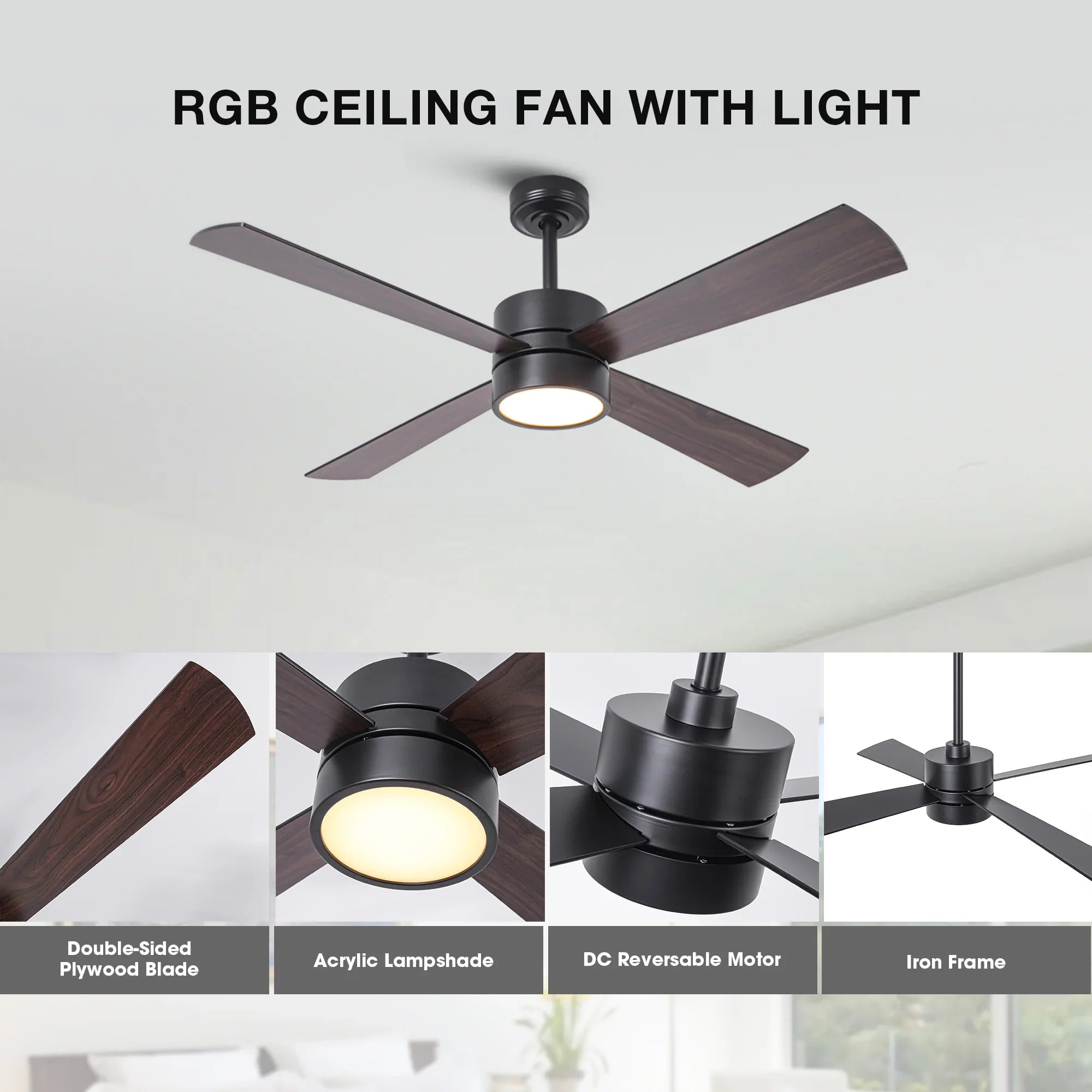 52 Inch Bucholz Industrial Dimmable RGB LED Ceiling Fan with Remote and APP Control
