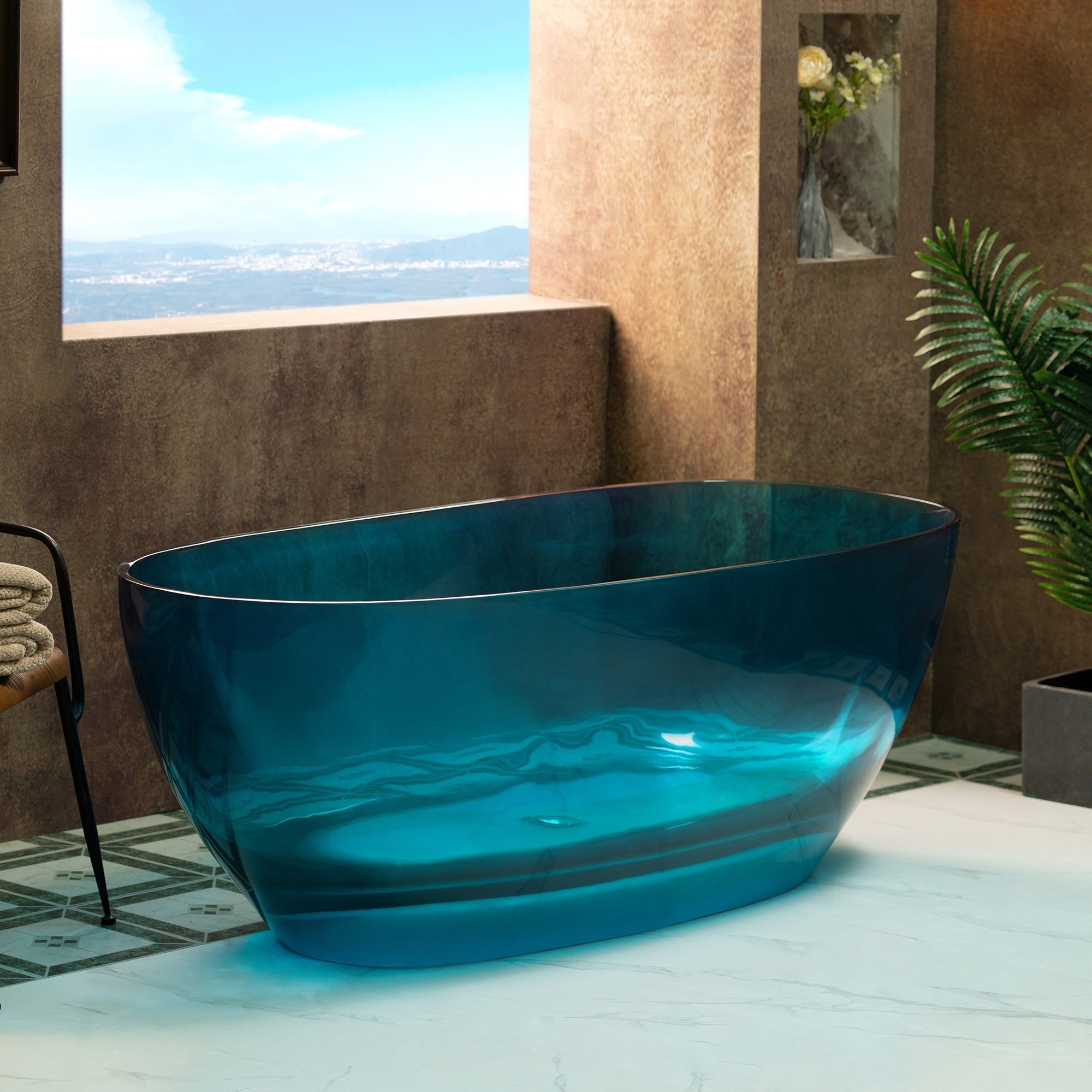 WOODBRIDGE 63" L x 28-3/8" W Transparent Blue Solid Surface Stone Resin Freestanding Bathtub in Blue