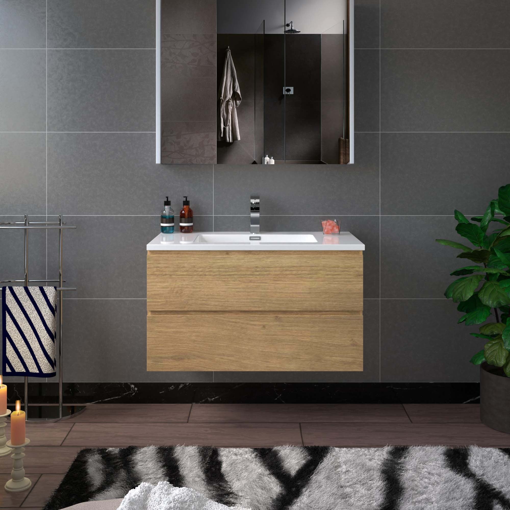 WOODBRIDGE 23-5/8 in. W x 19-5/8 in. D Wall Mounted Floating Vanity in Natural Oak with Resin Composite Vanity Top in Glossy White