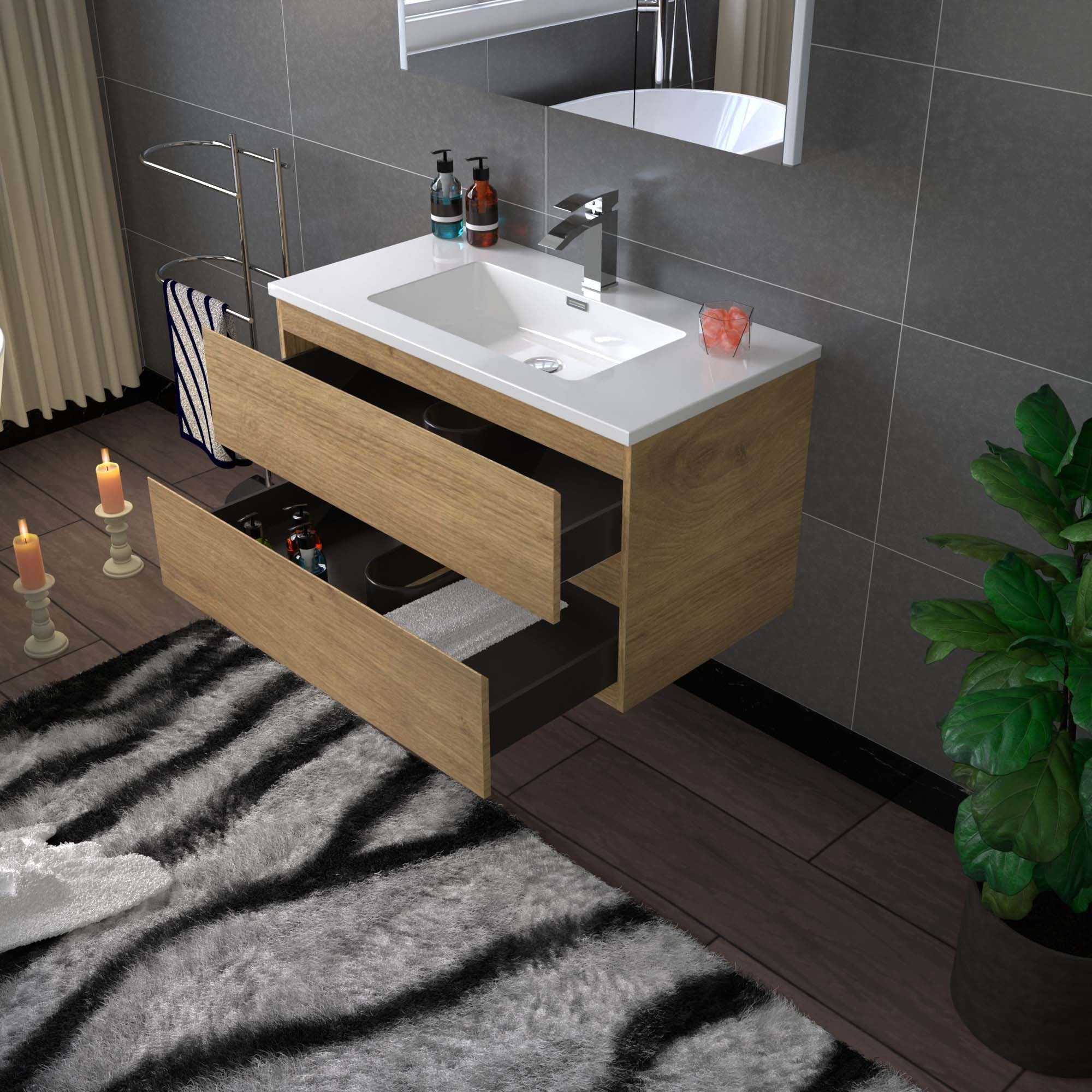 WOODBRIDGE 23-5/8 in. W x 19-5/8 in. D Wall Mounted Floating Vanity in Natural Oak with Resin Composite Vanity Top in Glossy White