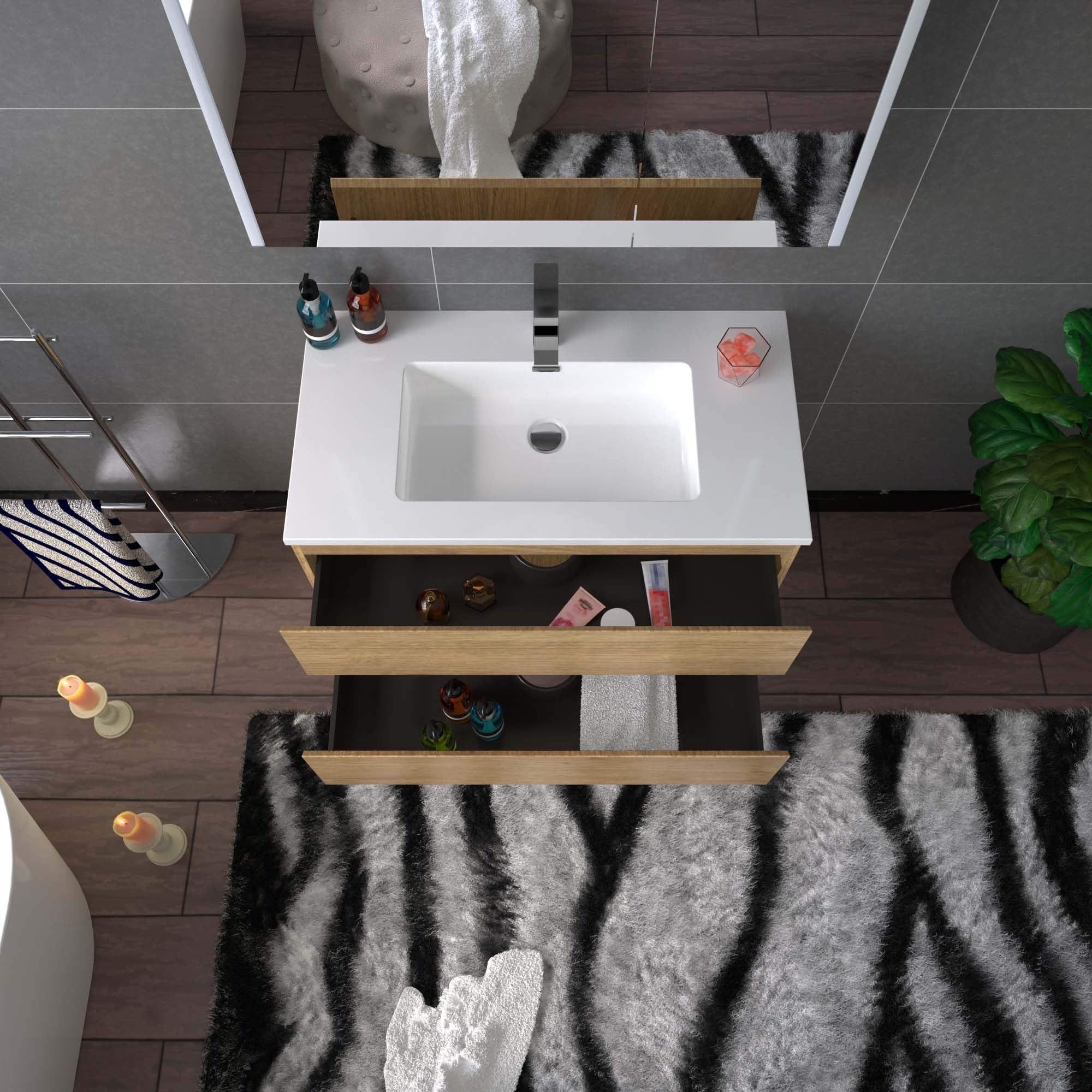 WOODBRIDGE 23-5/8 in. W x 19-5/8 in. D Wall Mounted Floating Vanity in Natural Oak with Resin Composite Vanity Top in Glossy White