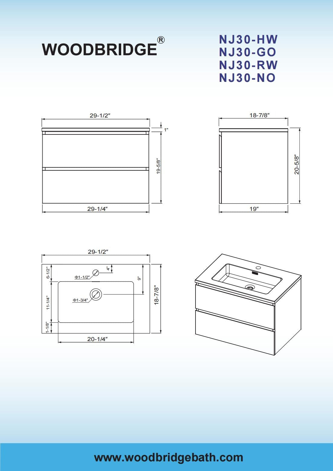 WOODBRIDGE 23-5/8 in. W x 19-5/8 in. D Wall Mounted Floating Vanity in Glossy White with Resin Composite Vanity Top in Glossy White