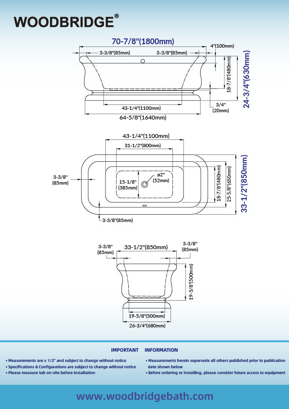 WOODBRIDGE 71 x 33.5 x 24.75" Freestanding Soaking Bathtub with Matte Black Drain, White WE005